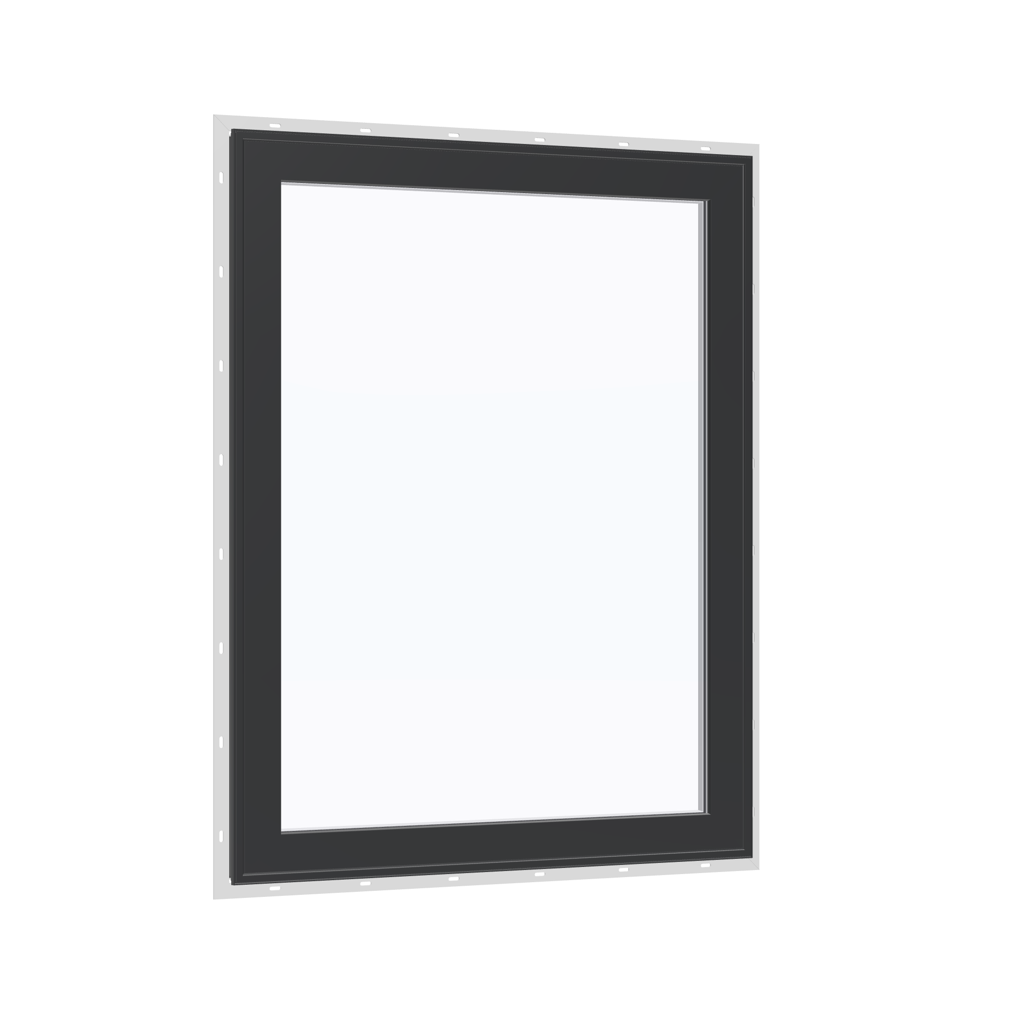 Opposite exterior angle of the 36 × 48 inch high fixed window, black exterior / white interior, with nailing flange