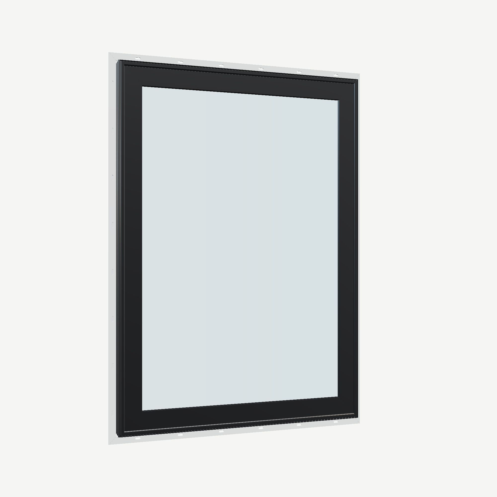 Opposite exterior angle of the 36 × 48 inch high fixed window, black exterior / white interior, with nailing flange