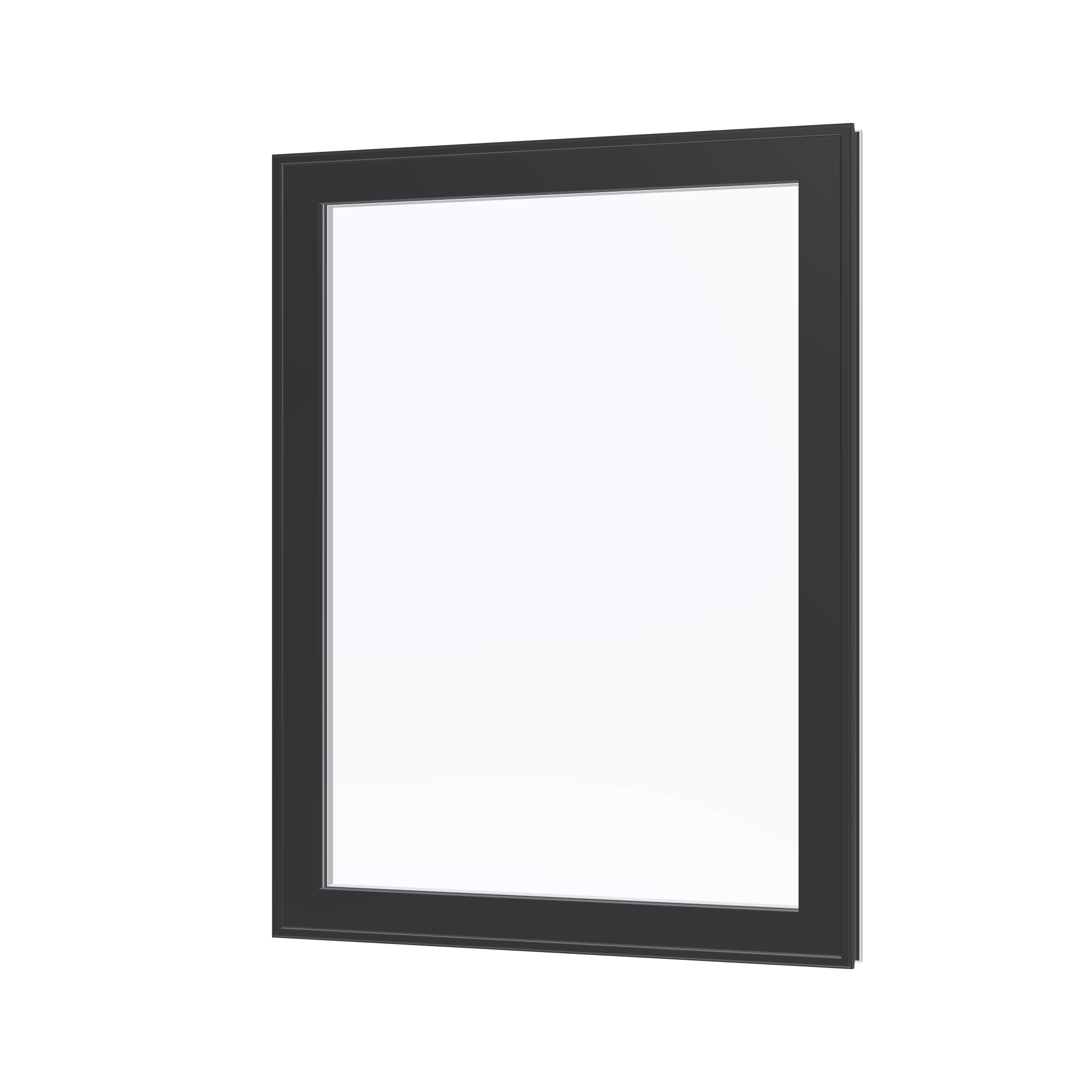 Angled exterior view of the 36 × 48 inch high fixed window, black exterior / white interior, without nailing flange