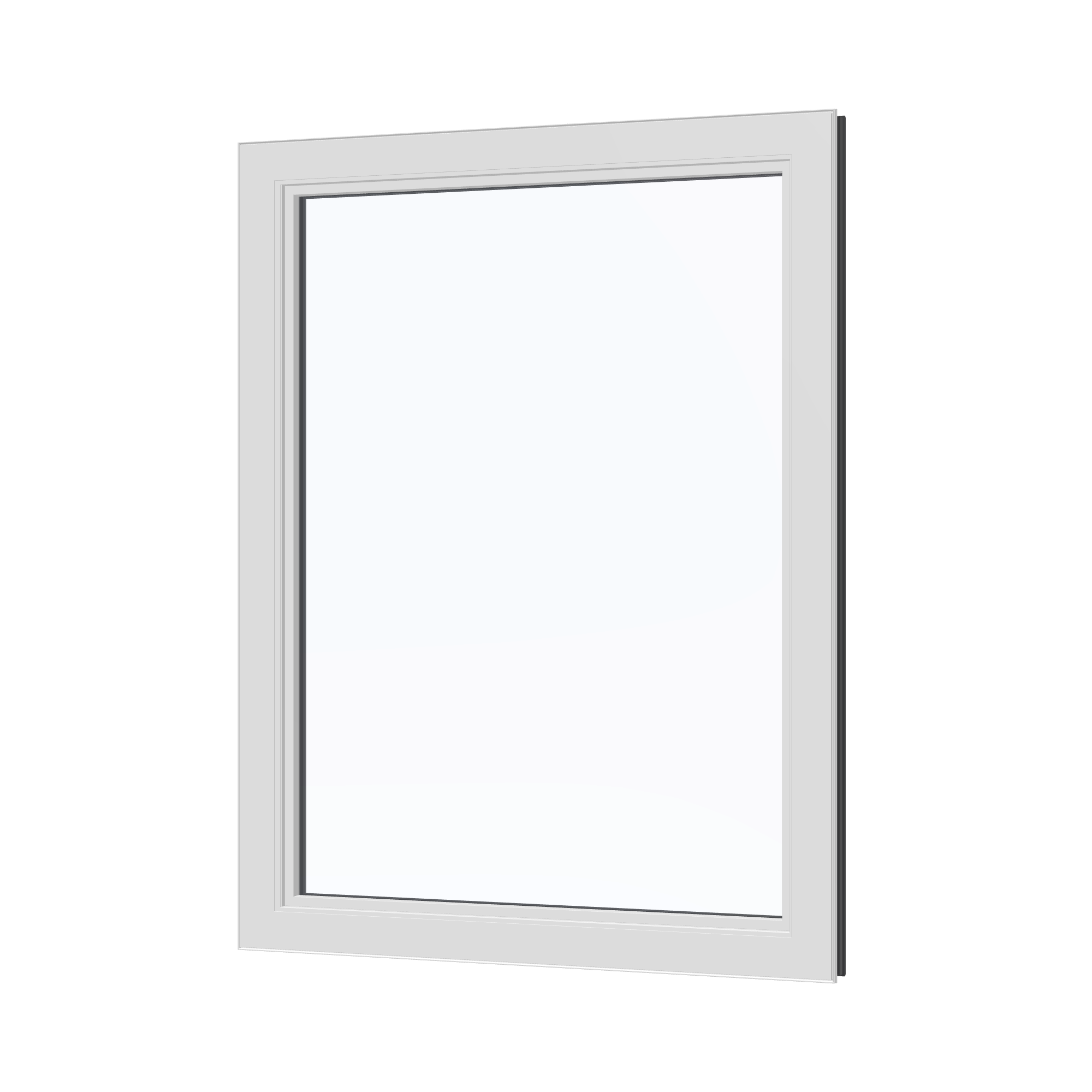 Angled interior view of the 36 × 48 inch high fixed window, black exterior / white interior, without nailing flange
