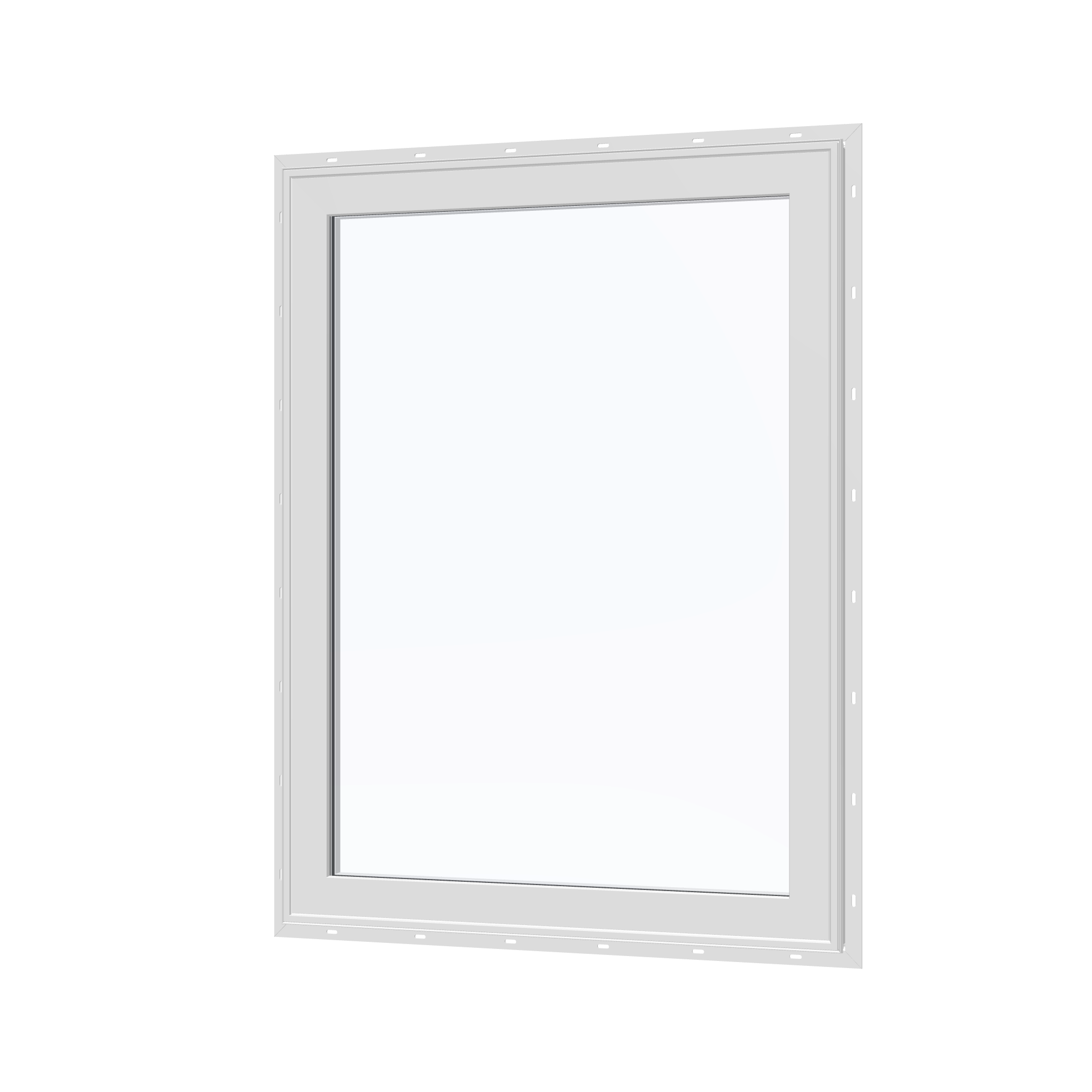 Angled exterior view of the 36 × 48 inch high fixed window, white exterior / white interior, with nailing flange