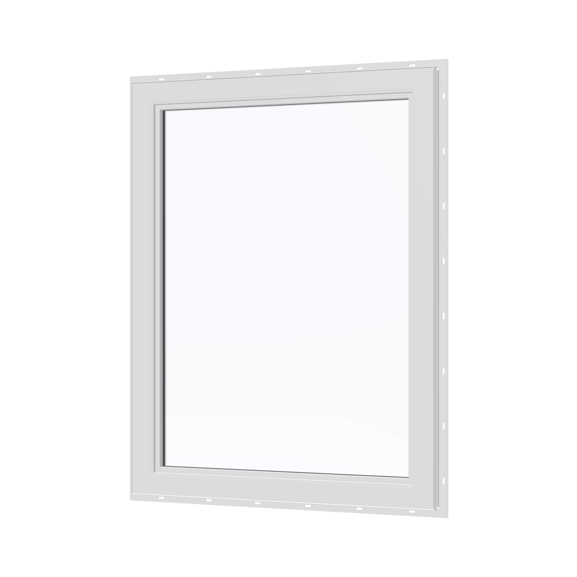 Angled interior view of the 36 × 48 inch high fixed window, white exterior / white interior, with nailing flange