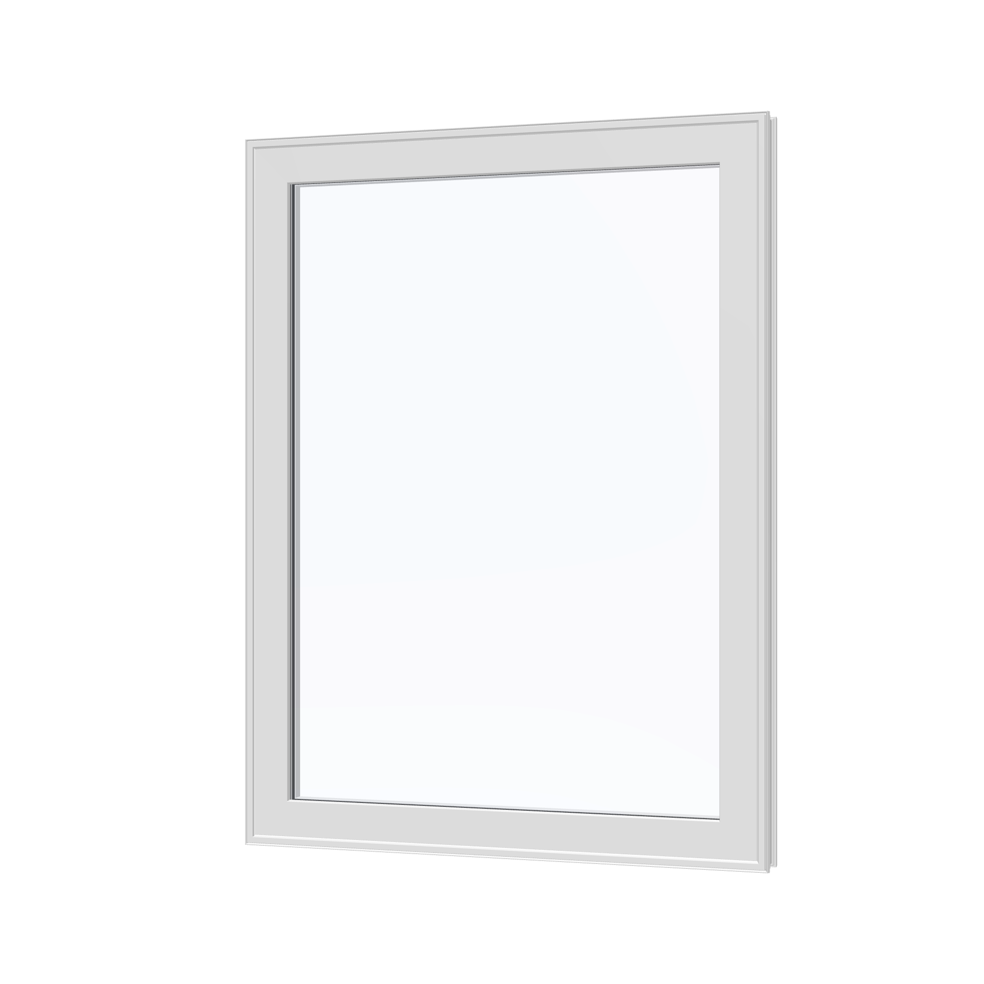 Angled exterior view of the 36 × 48 inch high fixed window, white exterior / white interior, without nailing flange