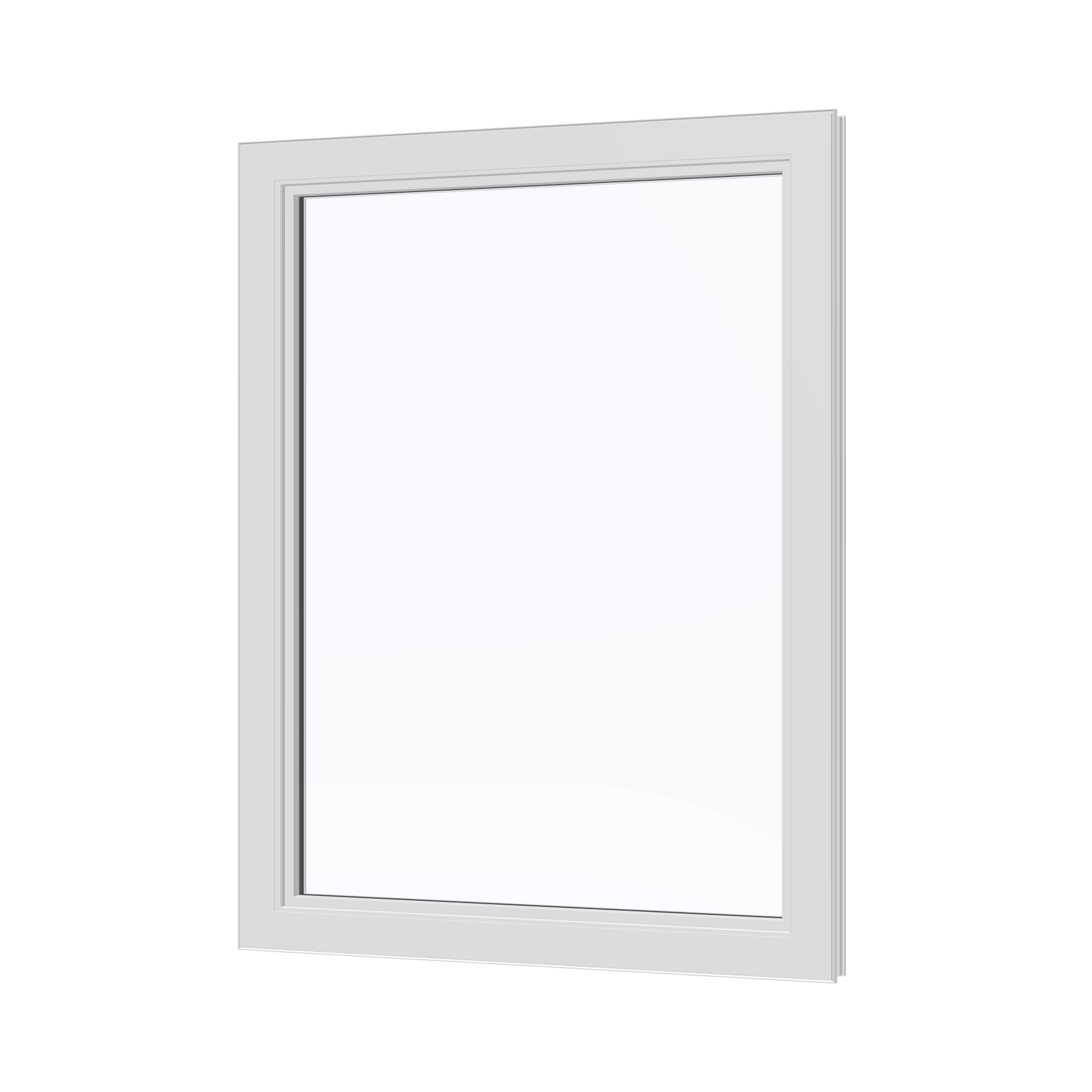 Angled interior view of the 36 × 48 inch high fixed window, white exterior / white interior, without nailing flange