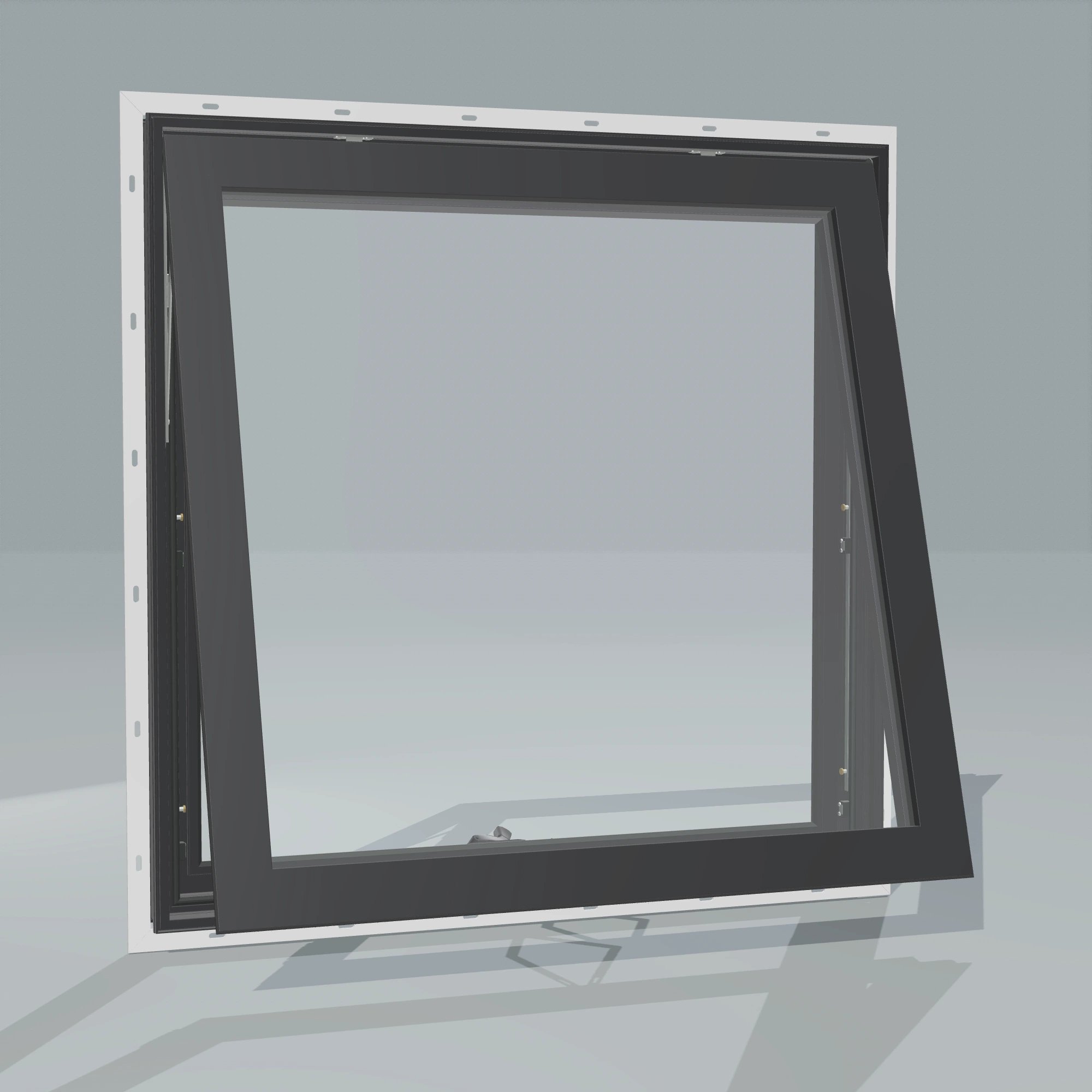 Angled exterior configurator view of the 36 × 36 inch awning, black exterior / black interior, with nailing flange, awning sash fully open