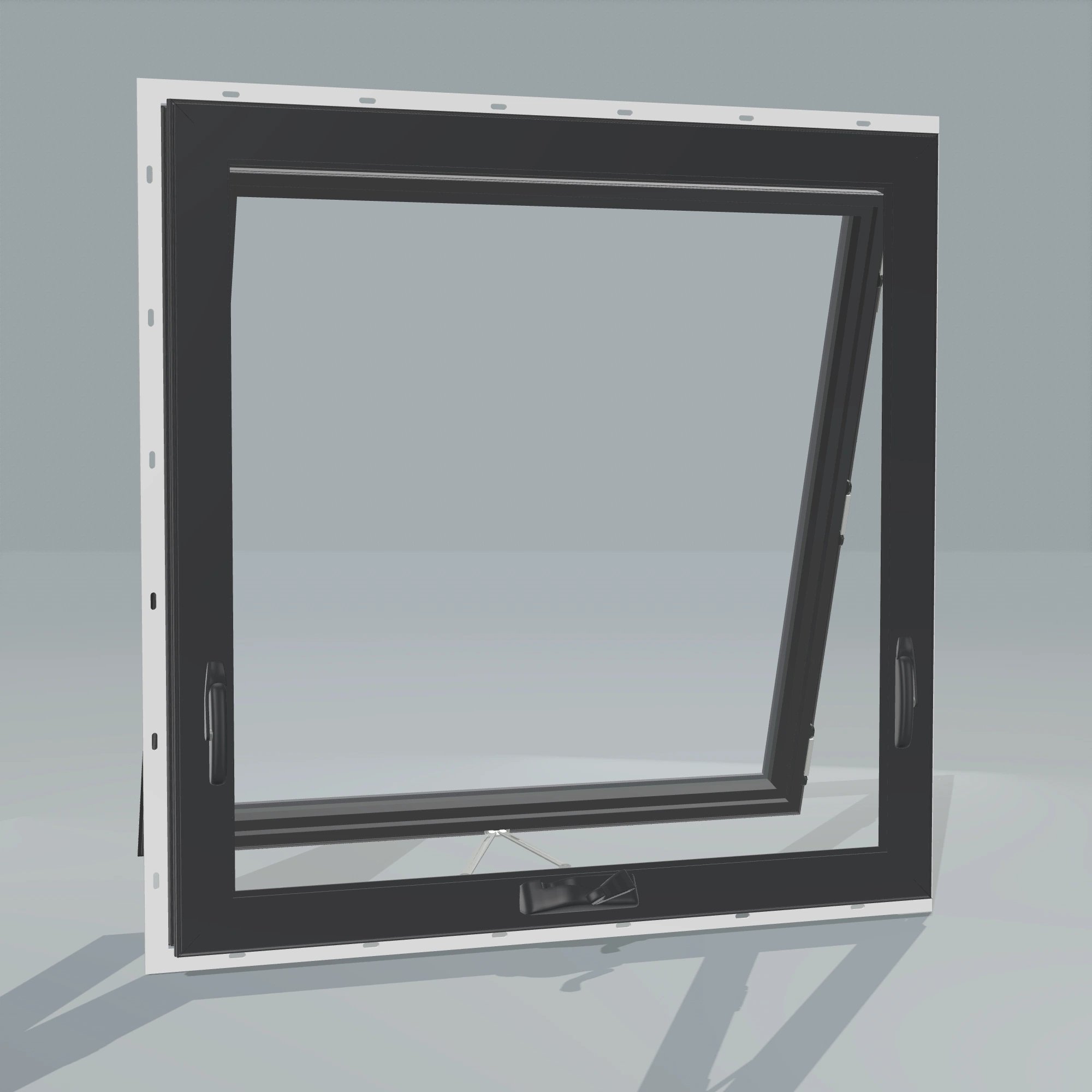 Angled interior view of the 36 × 36 inch awning, black exterior / black interior, with nailing flange, awning sash fully open