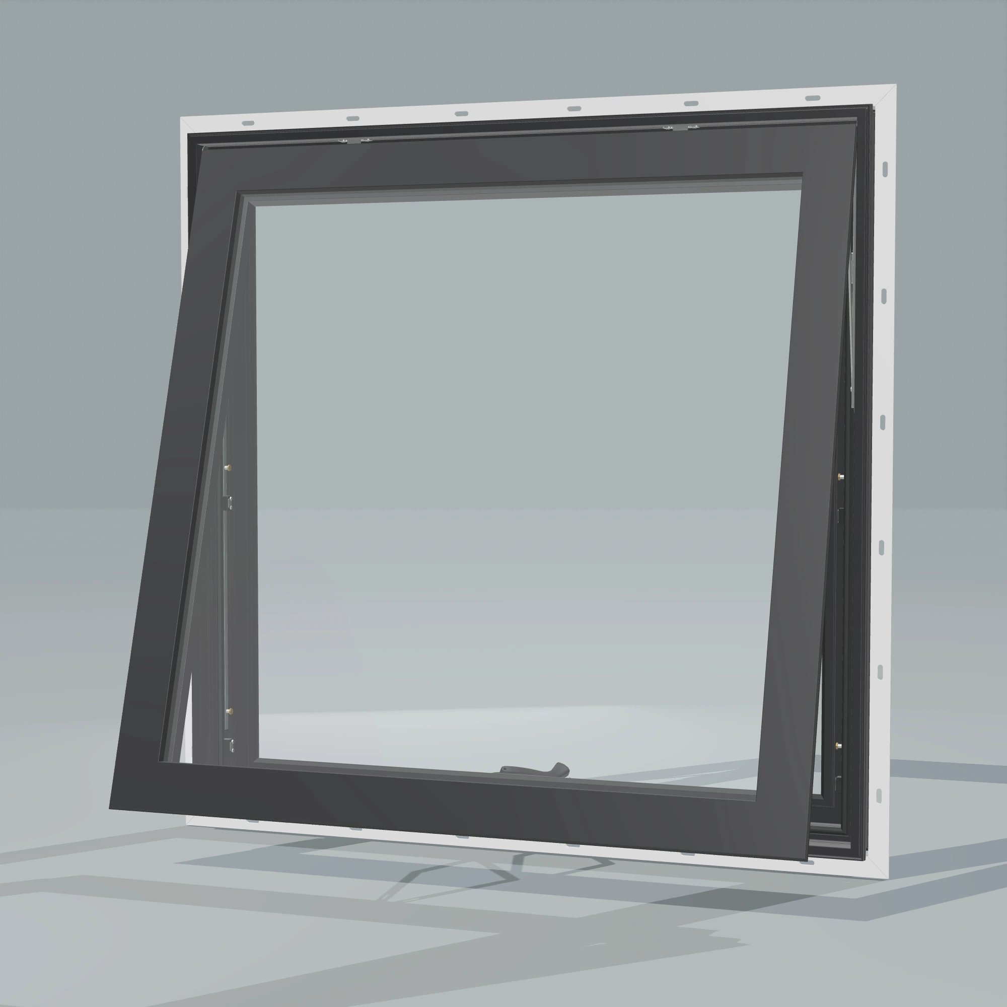 Opposite exterior angle of the 36 × 36 inch awning, black exterior / black interior, with nailing flange, awning sash fully open
