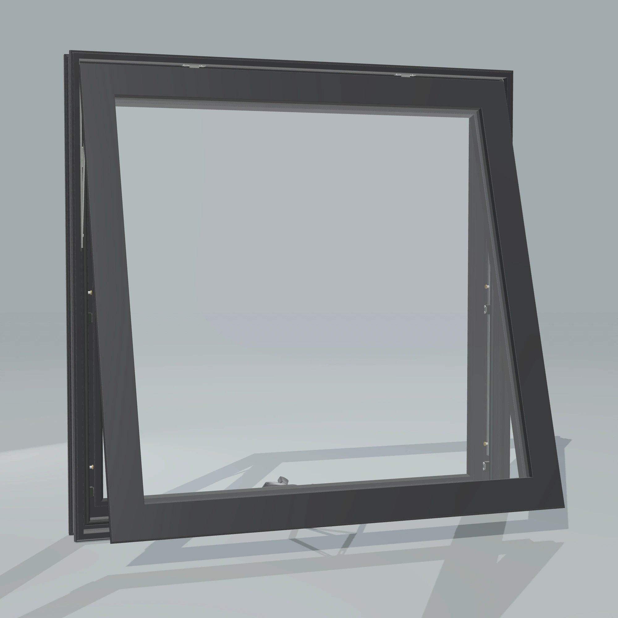 Angled exterior configurator view of the 36 × 36 inch awning, black exterior / black interior, without nailing flange, awning sash fully open