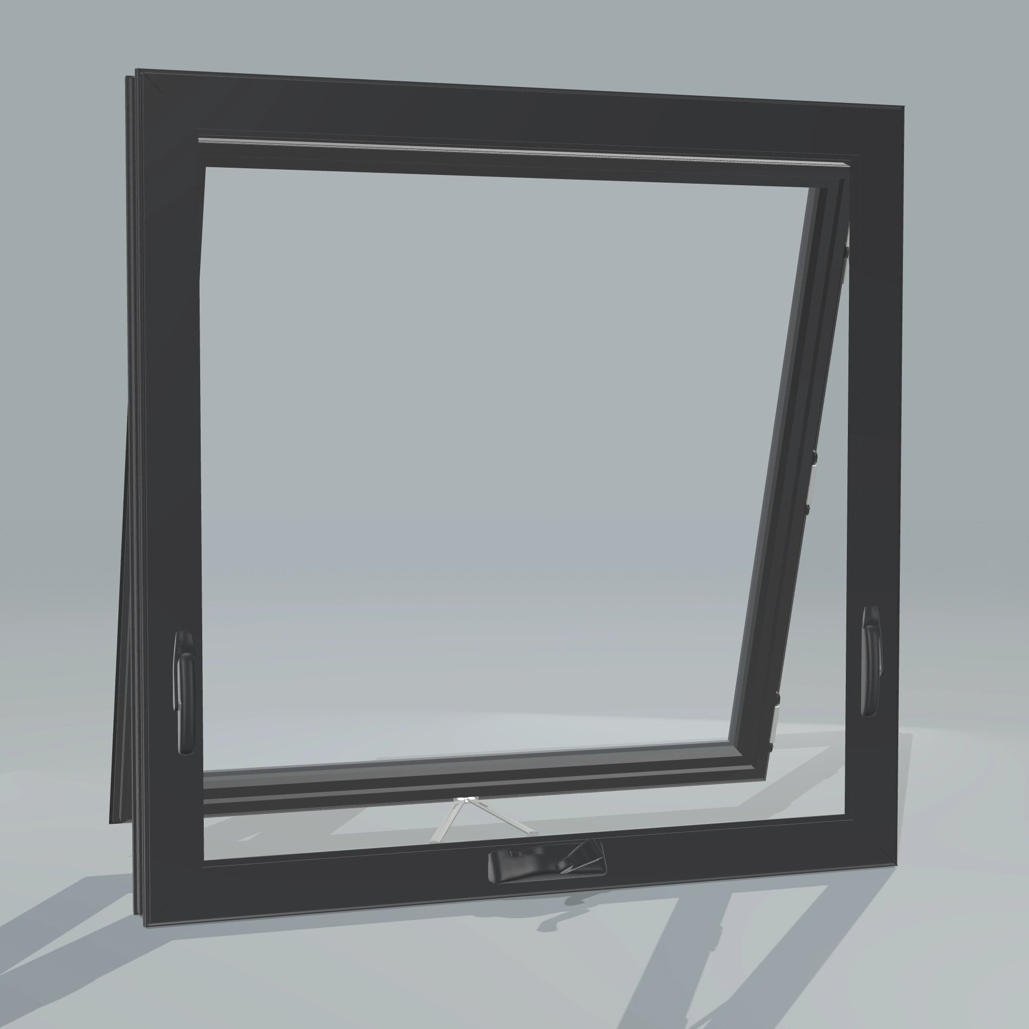 Angled interior view of the 36 × 36 inch awning, black exterior / black interior, without nailing flange, awning sash fully open