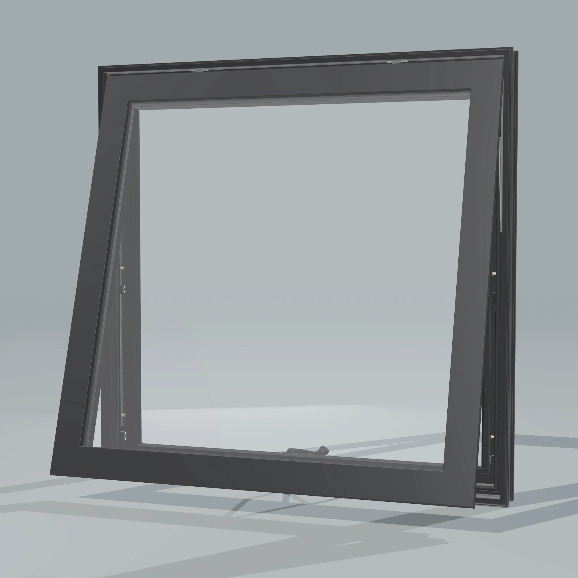 Opposite exterior angle of the 36 × 36 inch awning, black exterior / black interior, without nailing flange, awning sash fully open