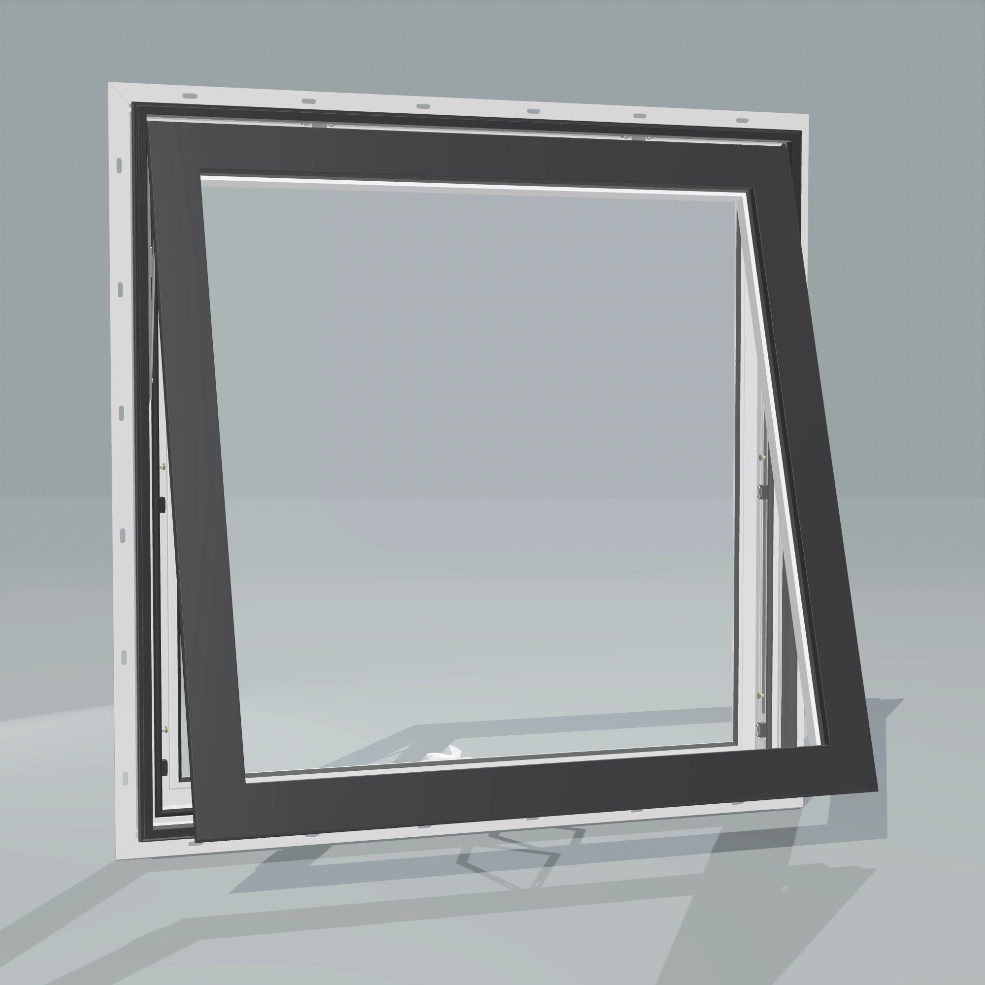 Angled exterior configurator view of the 36 × 36 inch awning, black exterior / white interior, with nailing flange, awning sash fully open