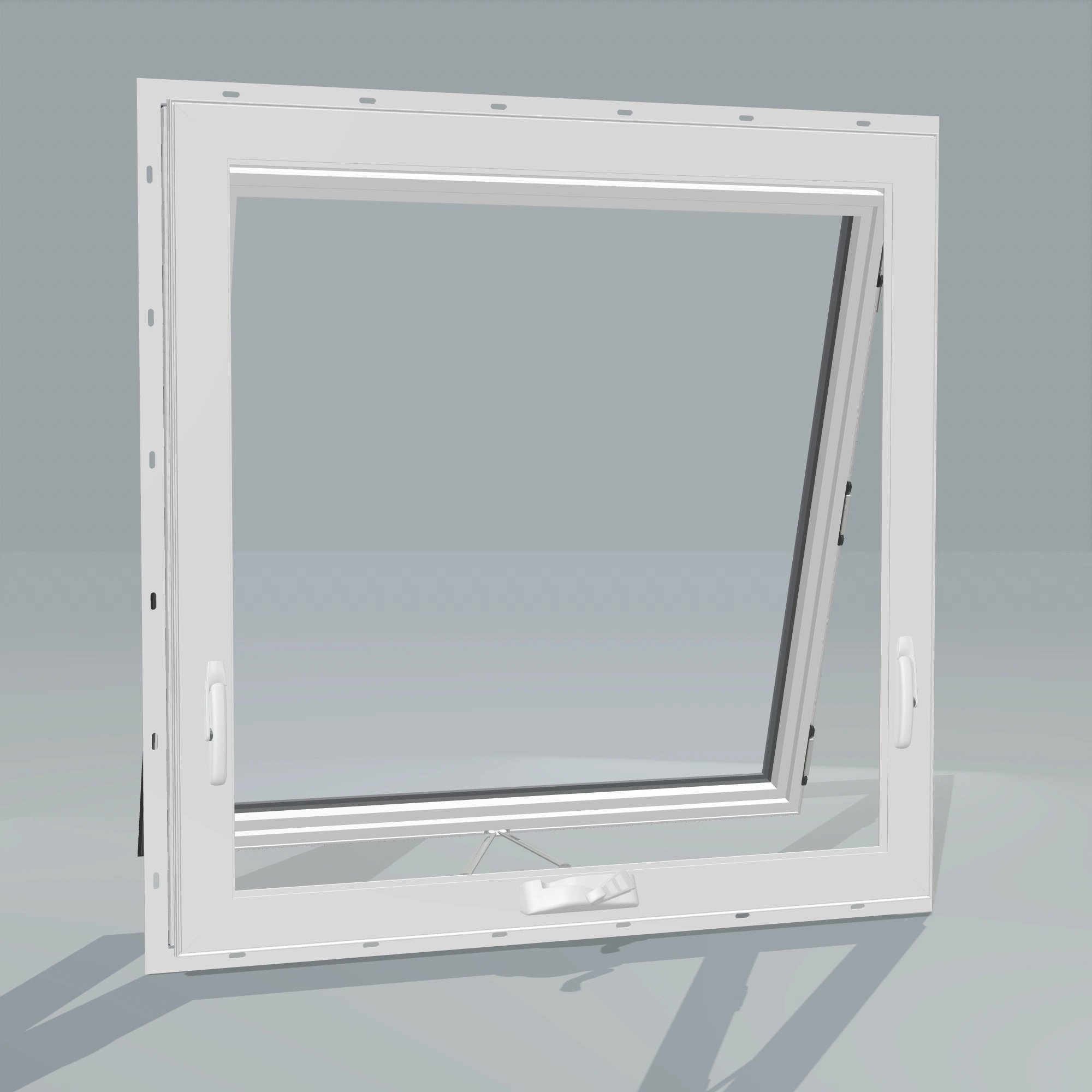 Angled interior view of the 36 × 36 inch awning, black exterior / white interior, with nailing flange, awning sash fully open