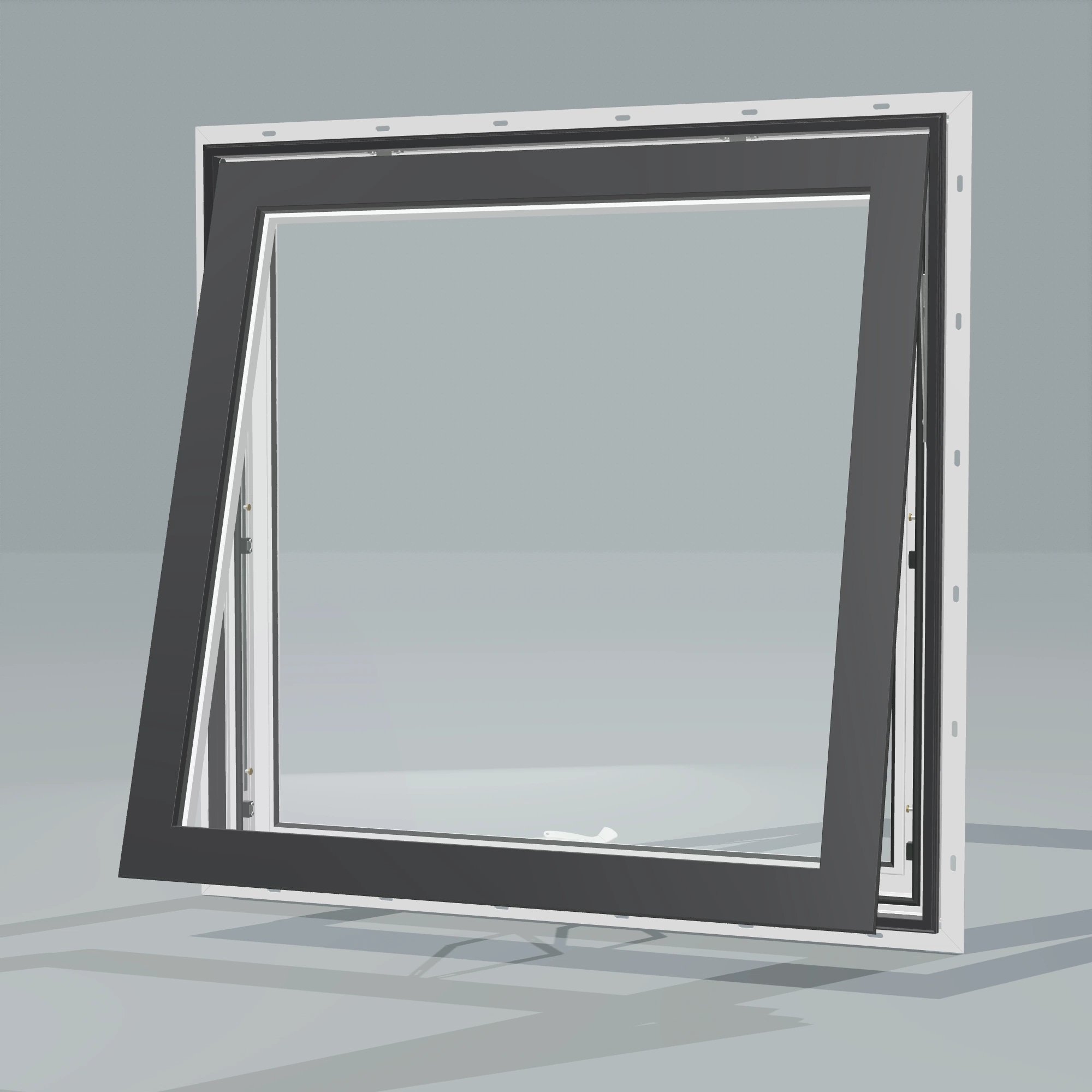 Opposite exterior angle of the 36 × 36 inch awning, black exterior / white interior, with nailing flange, awning sash fully open