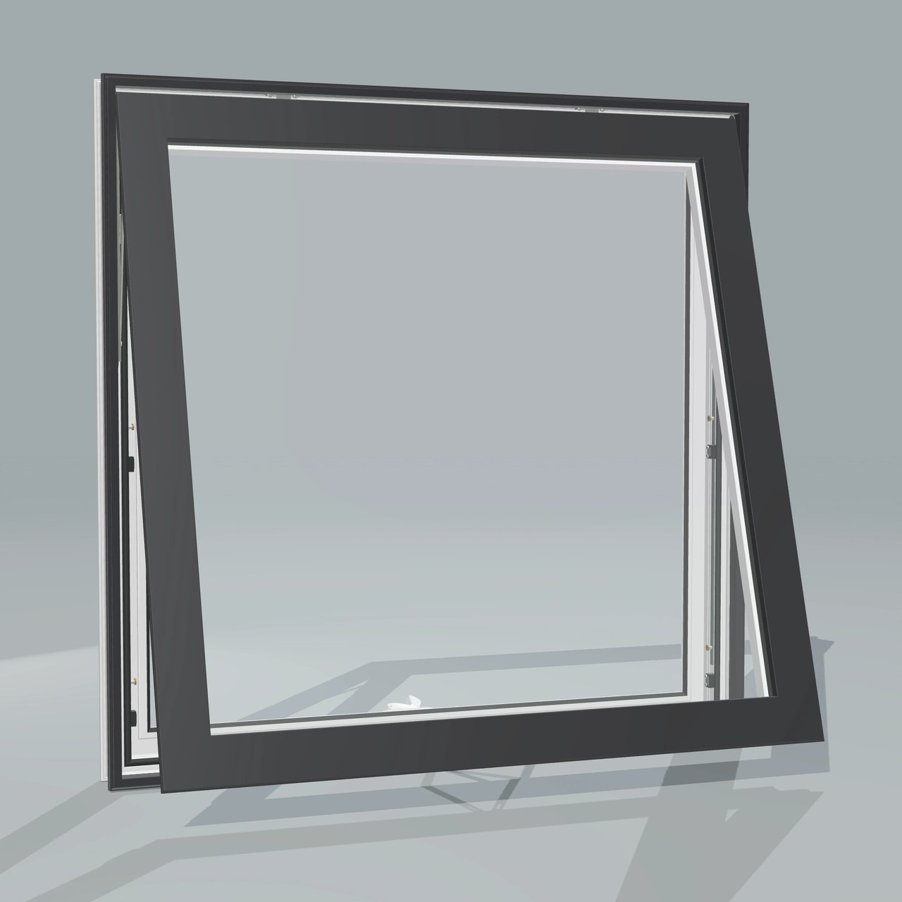 Panes configurator rendering of a fully open 36 × 36 inch awning window with black exterior, white interior and no nailing flange