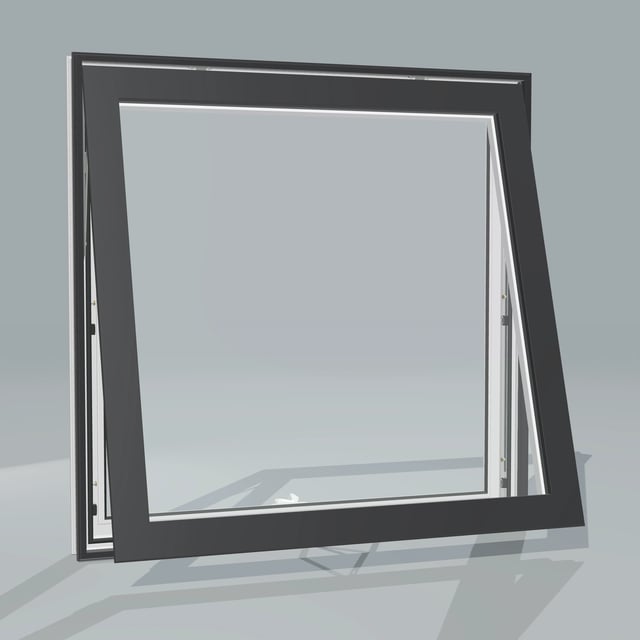 Angled exterior configurator view of the 36 × 36 inch awning, black exterior / white interior, without nailing flange, awning sash fully open