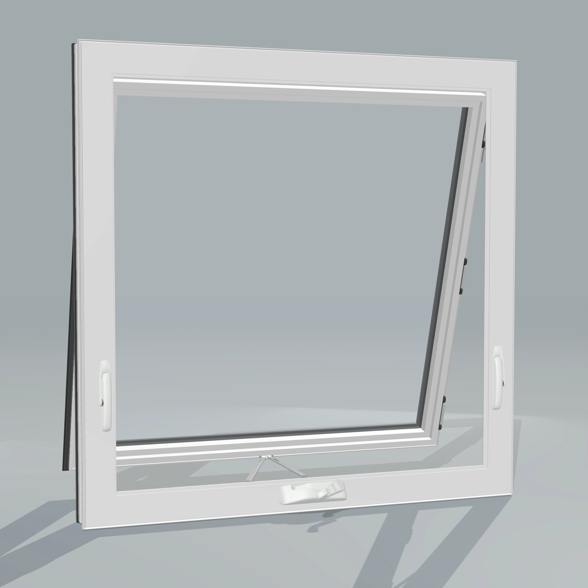 Angled interior view of the 36 × 36 inch awning, black exterior / white interior, without nailing flange, awning sash fully open