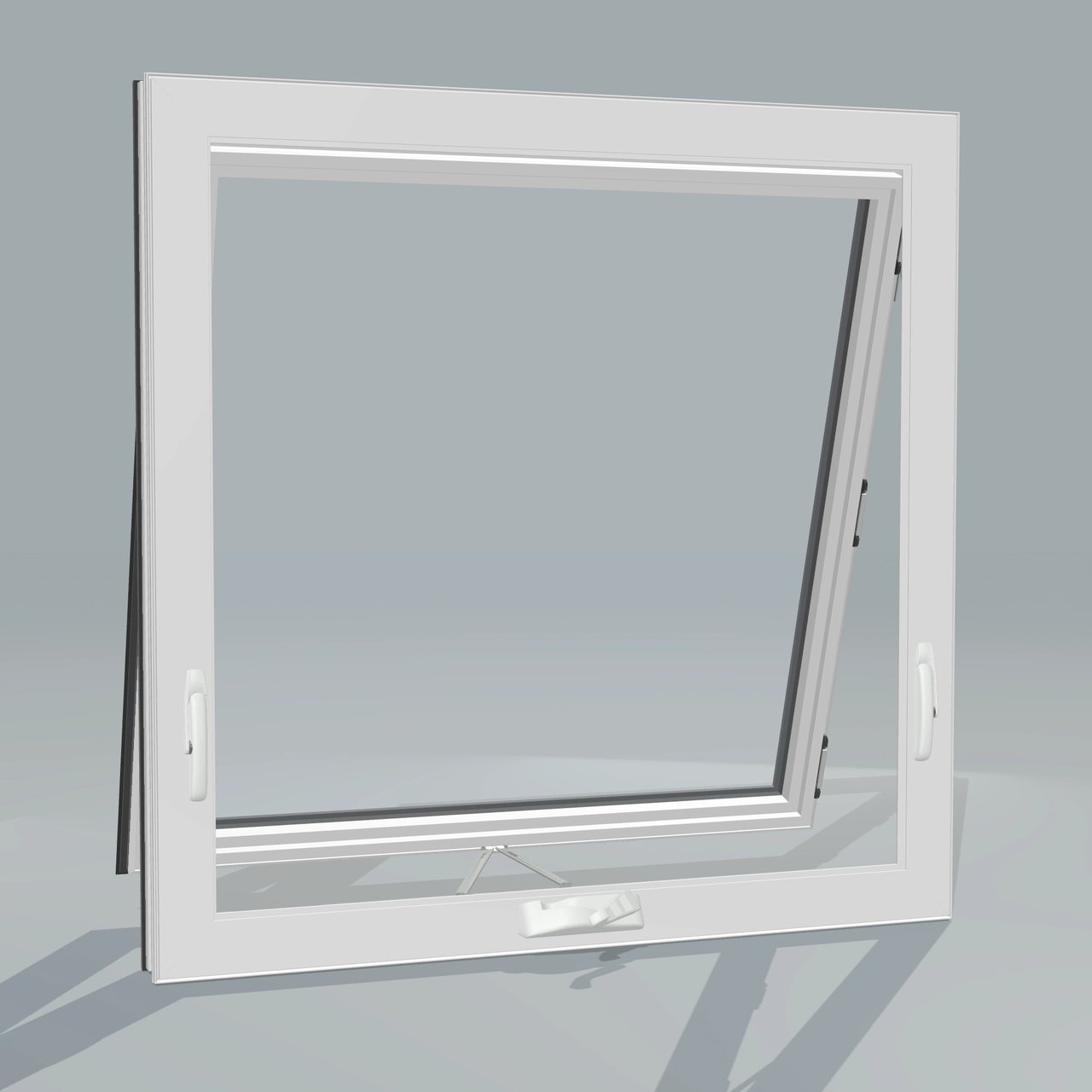 Room-side Panes configurator rendering of the same fully open 36 × 36 inch awning window with white interior and no nailing flange