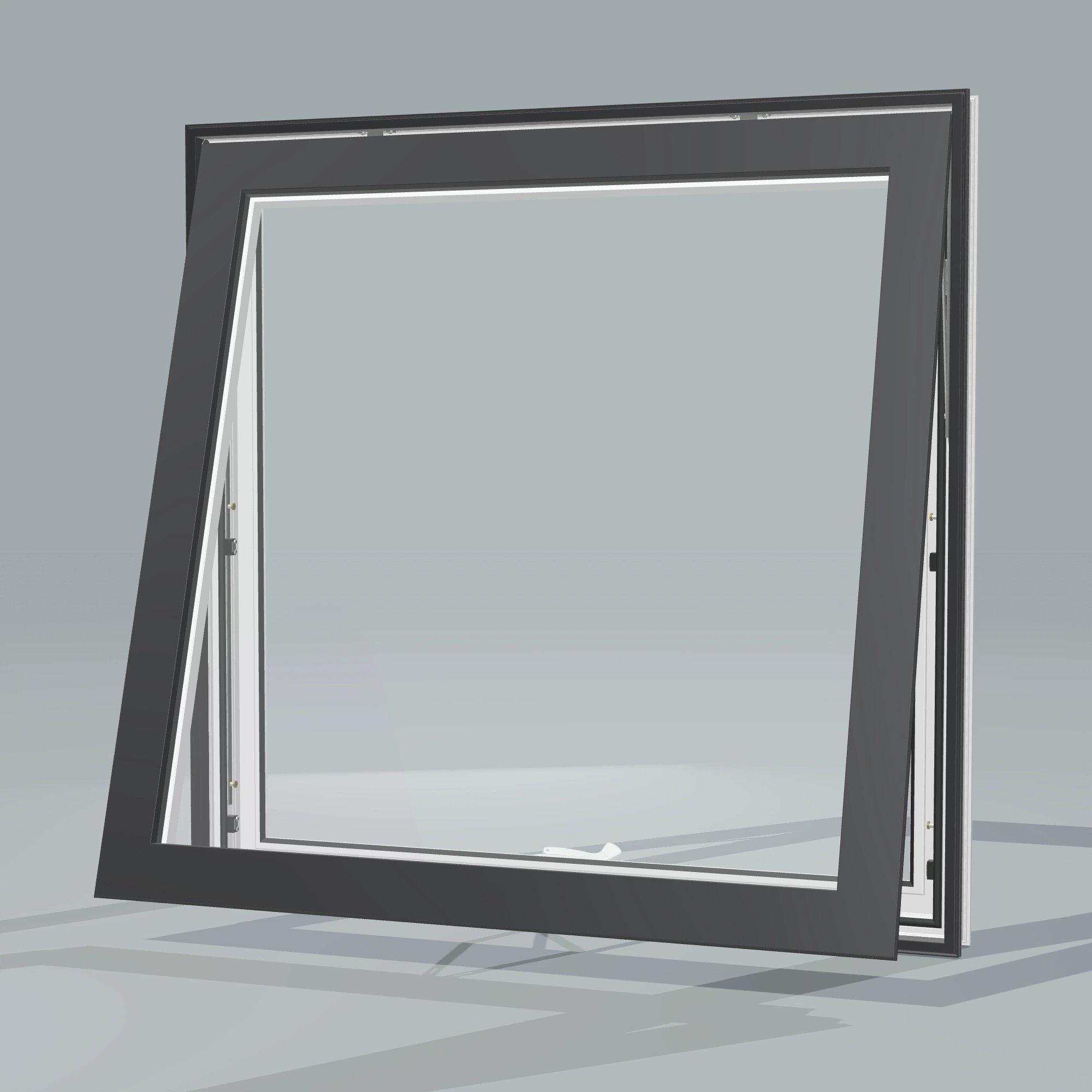 Opposite exterior angle of the 36 × 36 inch awning, black exterior / white interior, without nailing flange, awning sash fully open