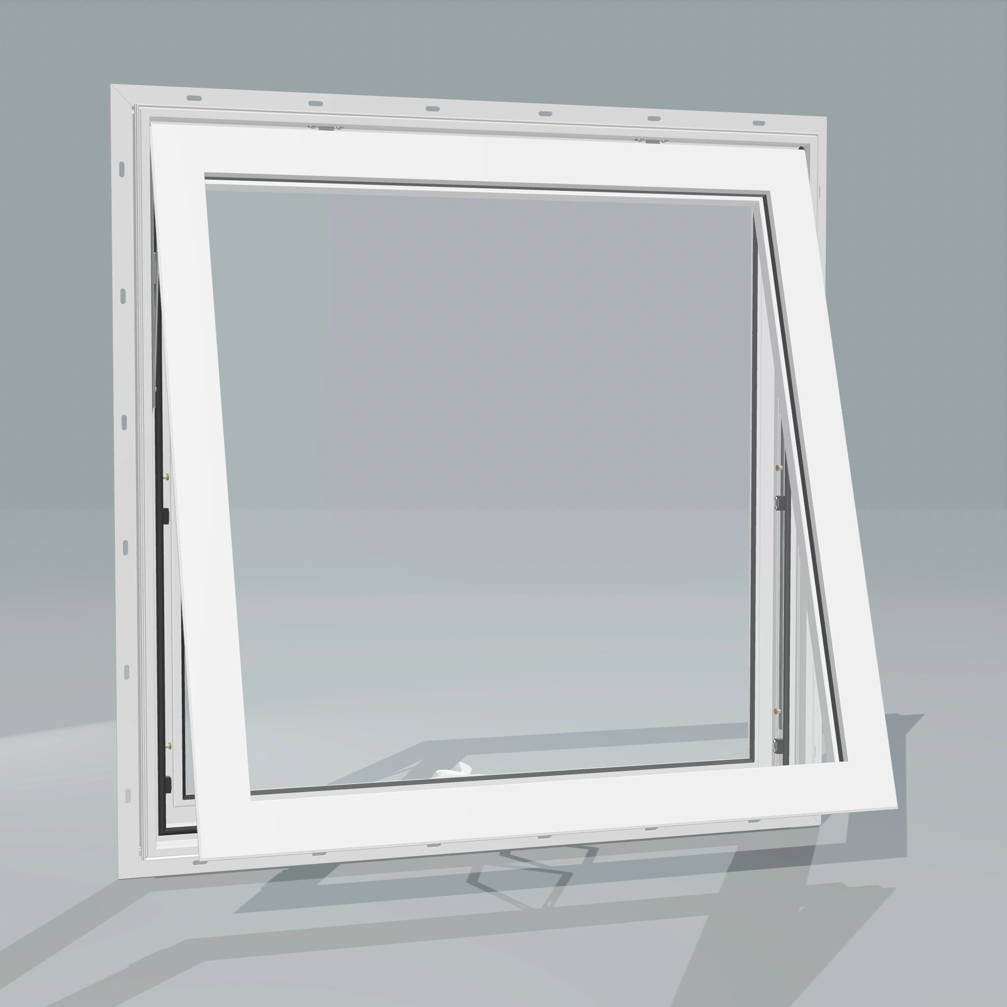 Angled exterior configurator view of the 36 × 36 inch awning, white exterior / white interior, with nailing flange, awning sash fully open