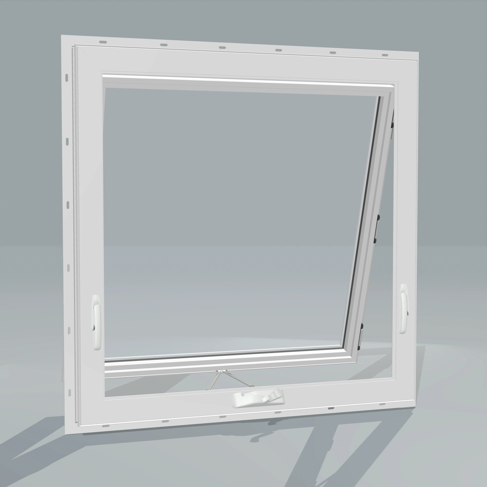 Angled interior view of the 36 × 36 inch awning, white exterior / white interior, with nailing flange, awning sash fully open