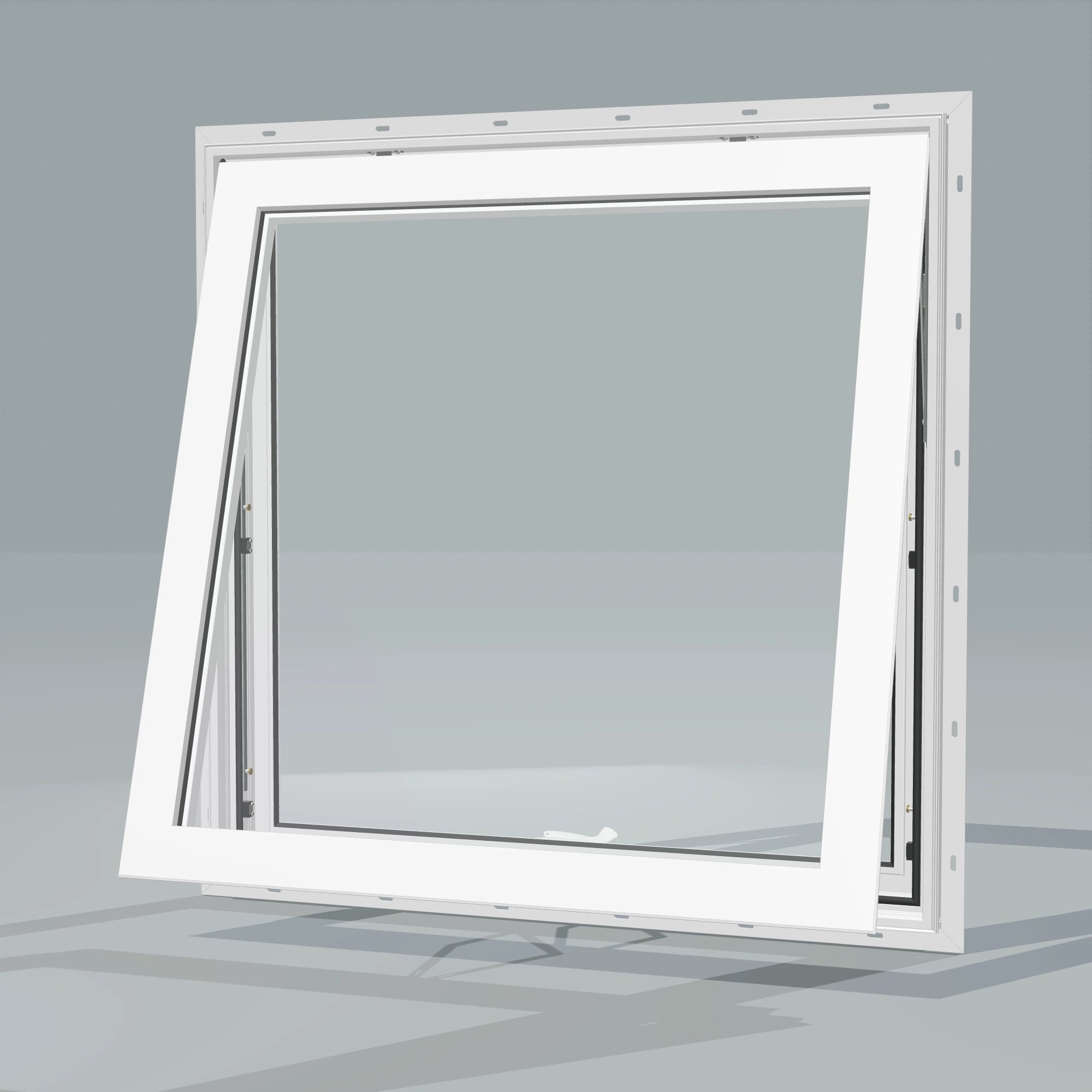 Opposite exterior angle of the 36 × 36 inch awning, white exterior / white interior, with nailing flange, awning sash fully open