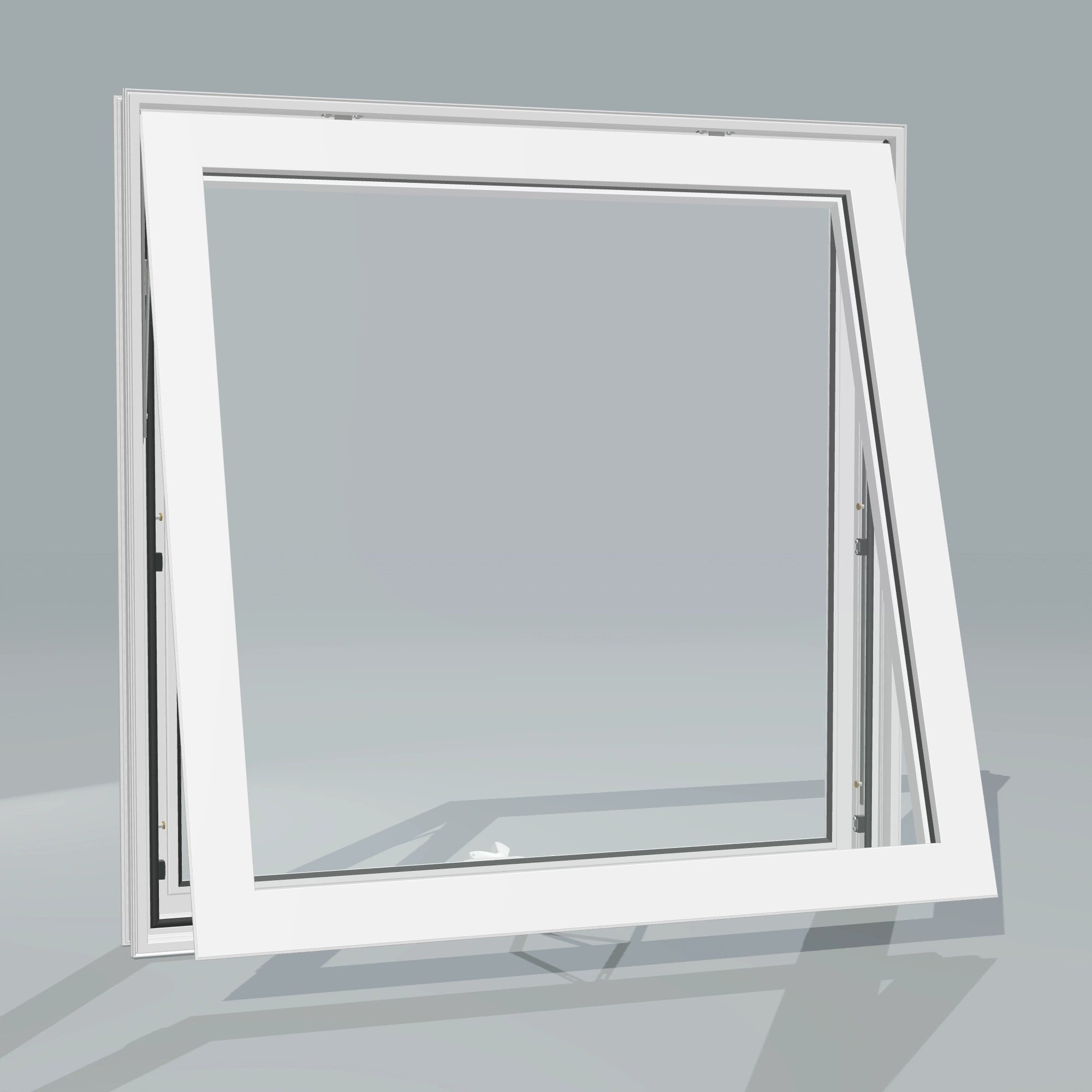 Angled exterior configurator view of the 36 × 36 inch awning, white exterior / white interior, without nailing flange, awning sash fully open