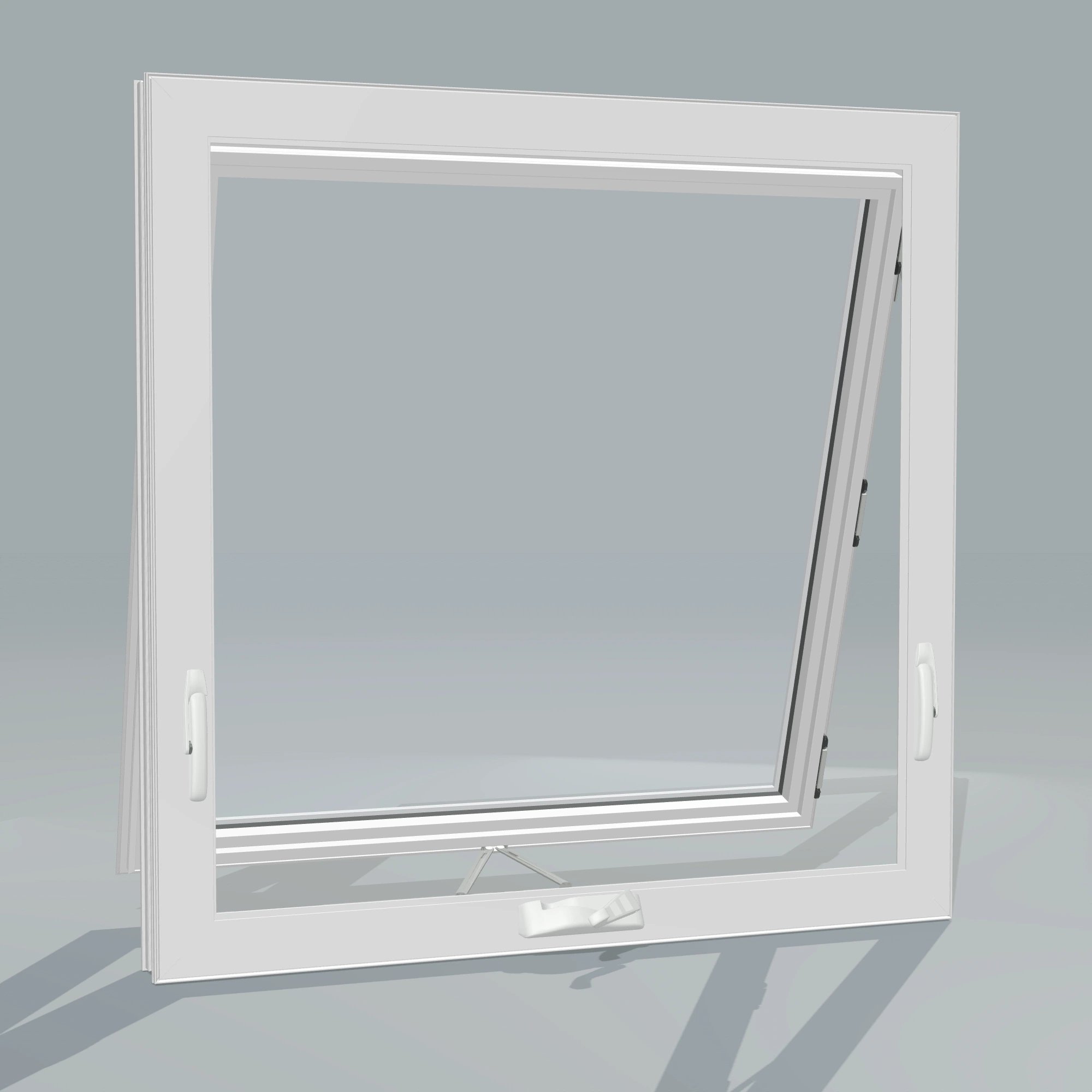 Angled interior view of the 36 × 36 inch awning, white exterior / white interior, without nailing flange, awning sash fully open