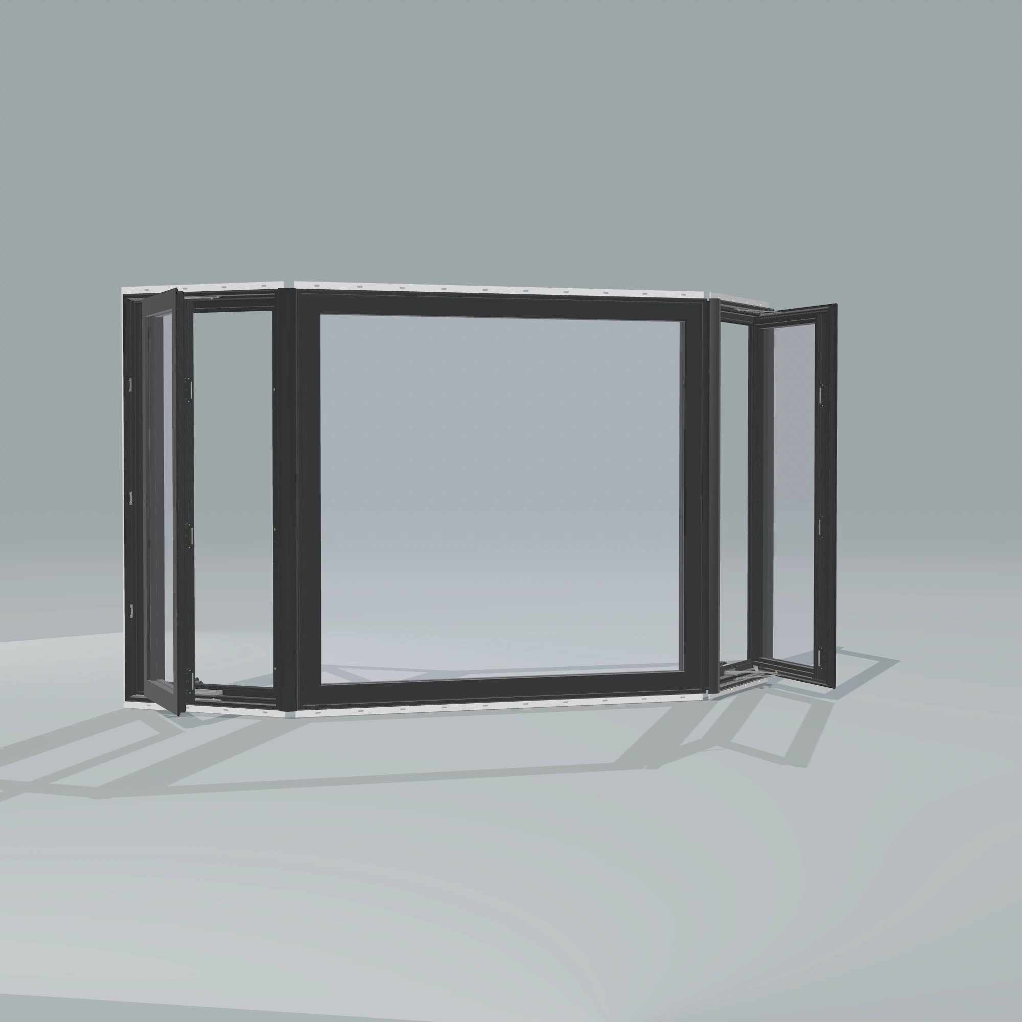 Angled exterior configurator view of the 96 × 54 inch bay window, black exterior / black interior, with nailing flange, casement sashes open 45 degrees
