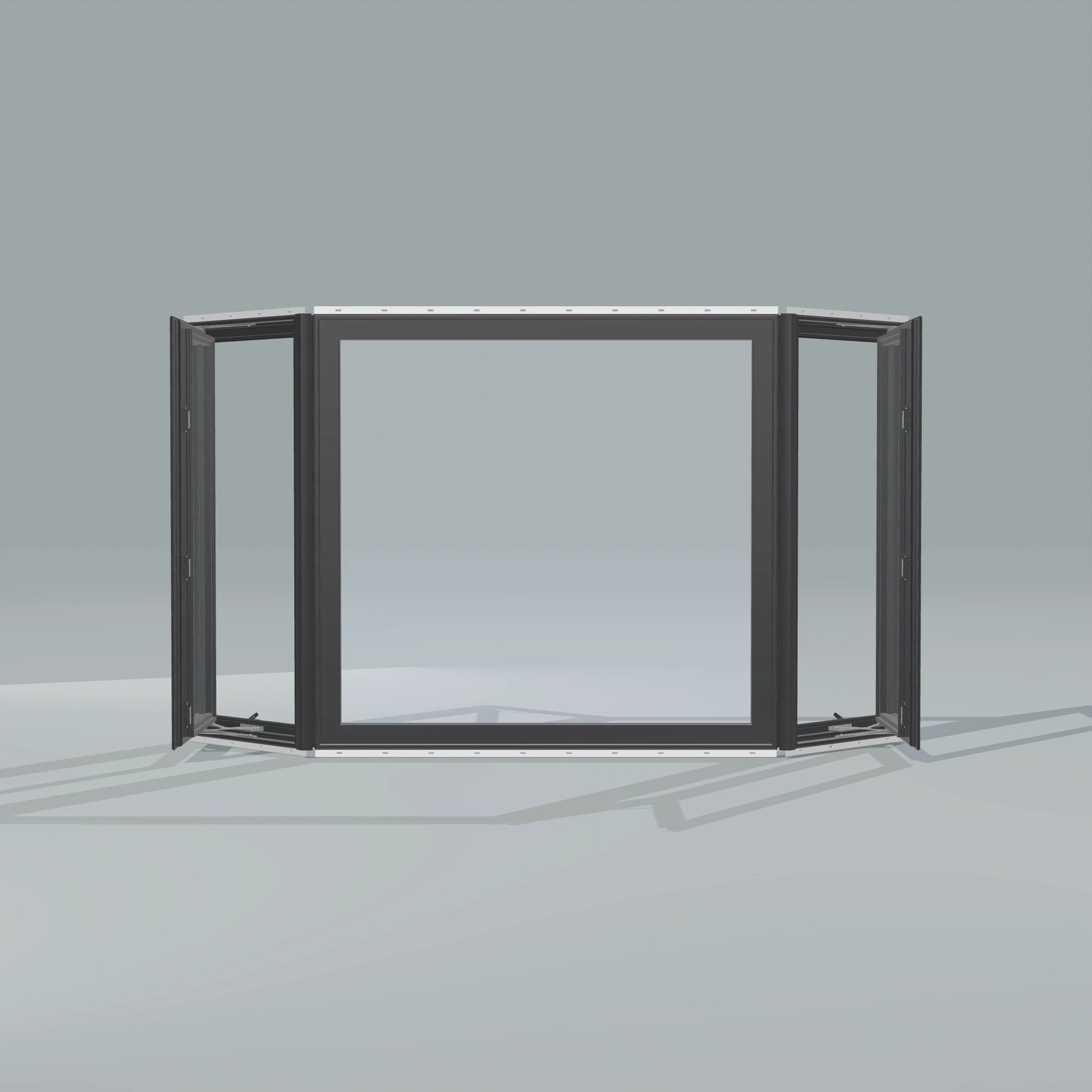 Straight exterior view of the 96 × 54 inch bay window, black exterior / black interior, with nailing flange, casement sashes open 45 degrees