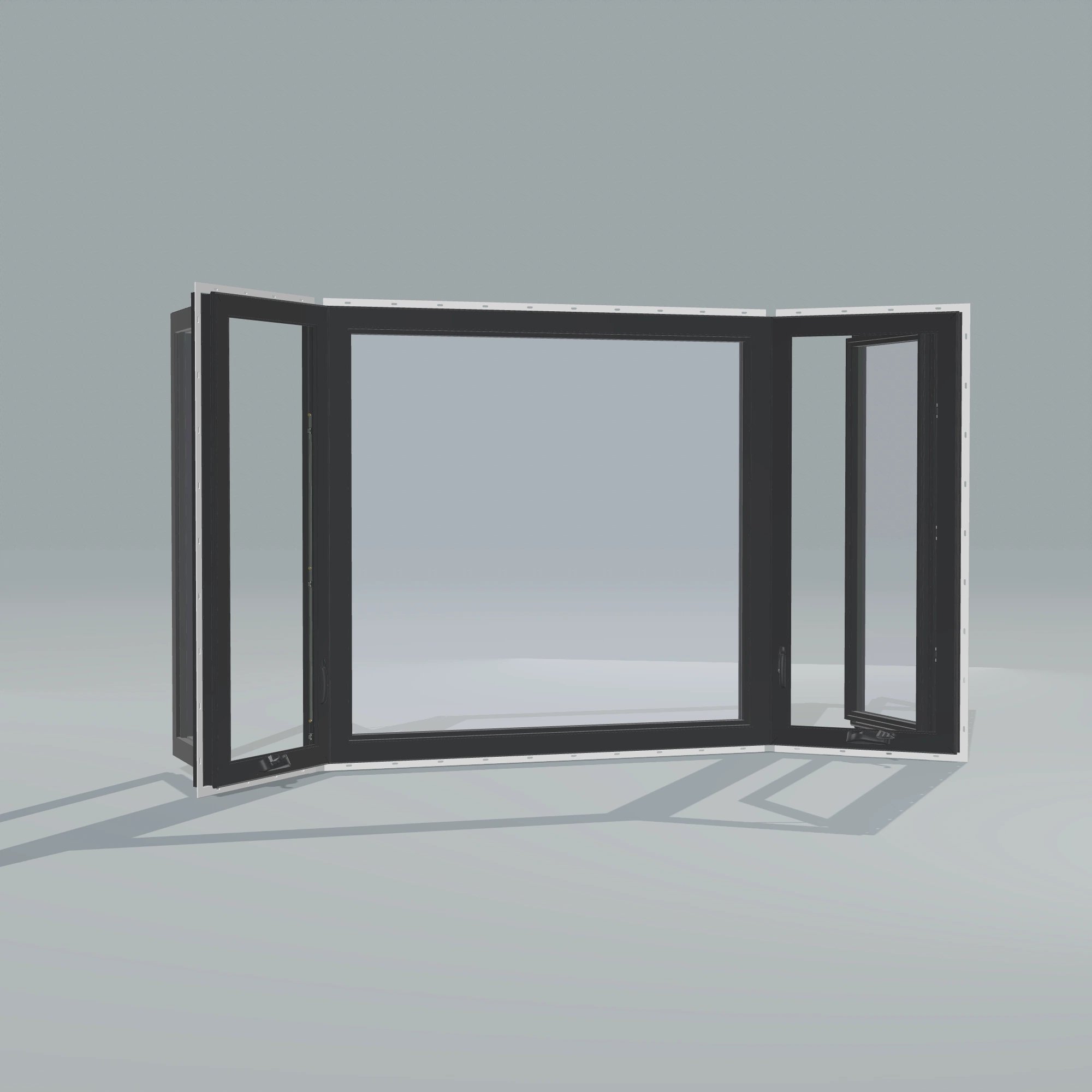 Angled interior view of the 96 × 54 inch bay window, black exterior / black interior, with nailing flange, casement sashes open 45 degrees