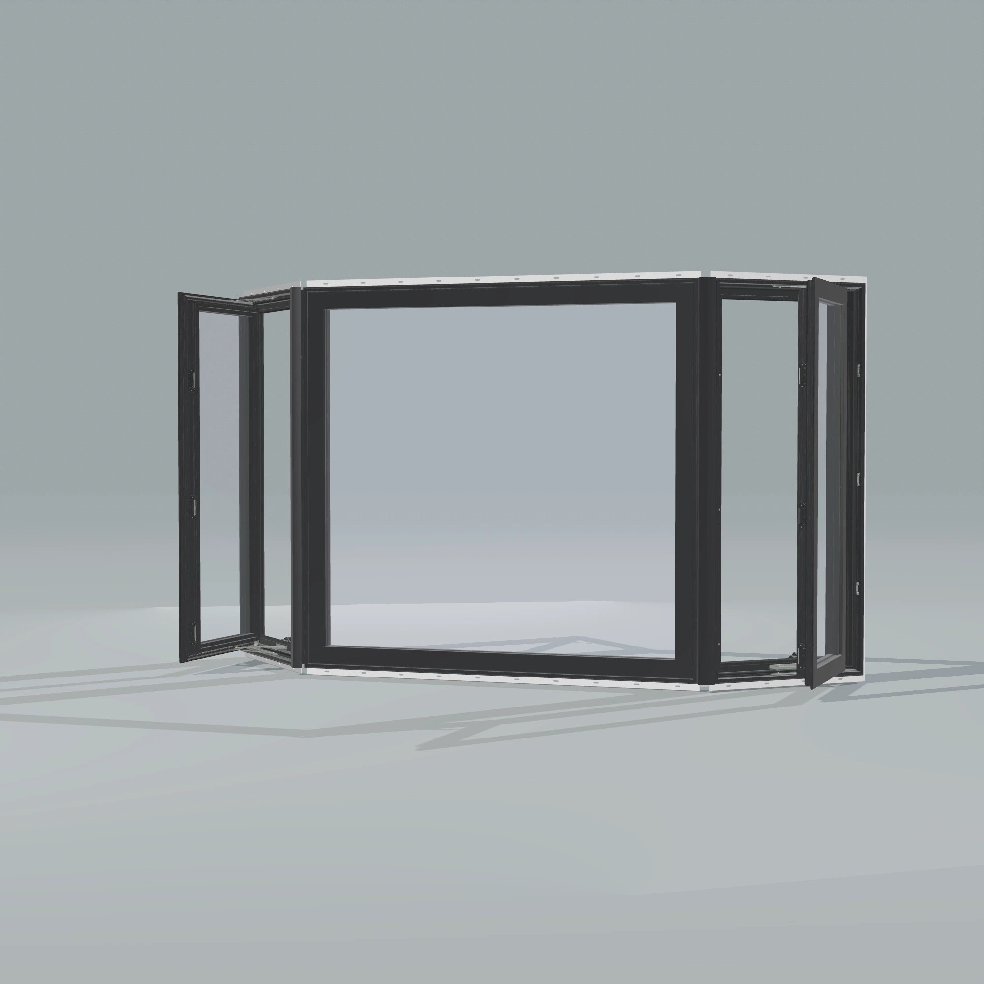Opposite exterior angle of the 96 × 54 inch bay window, black exterior / black interior, with nailing flange, casement sashes open 45 degrees