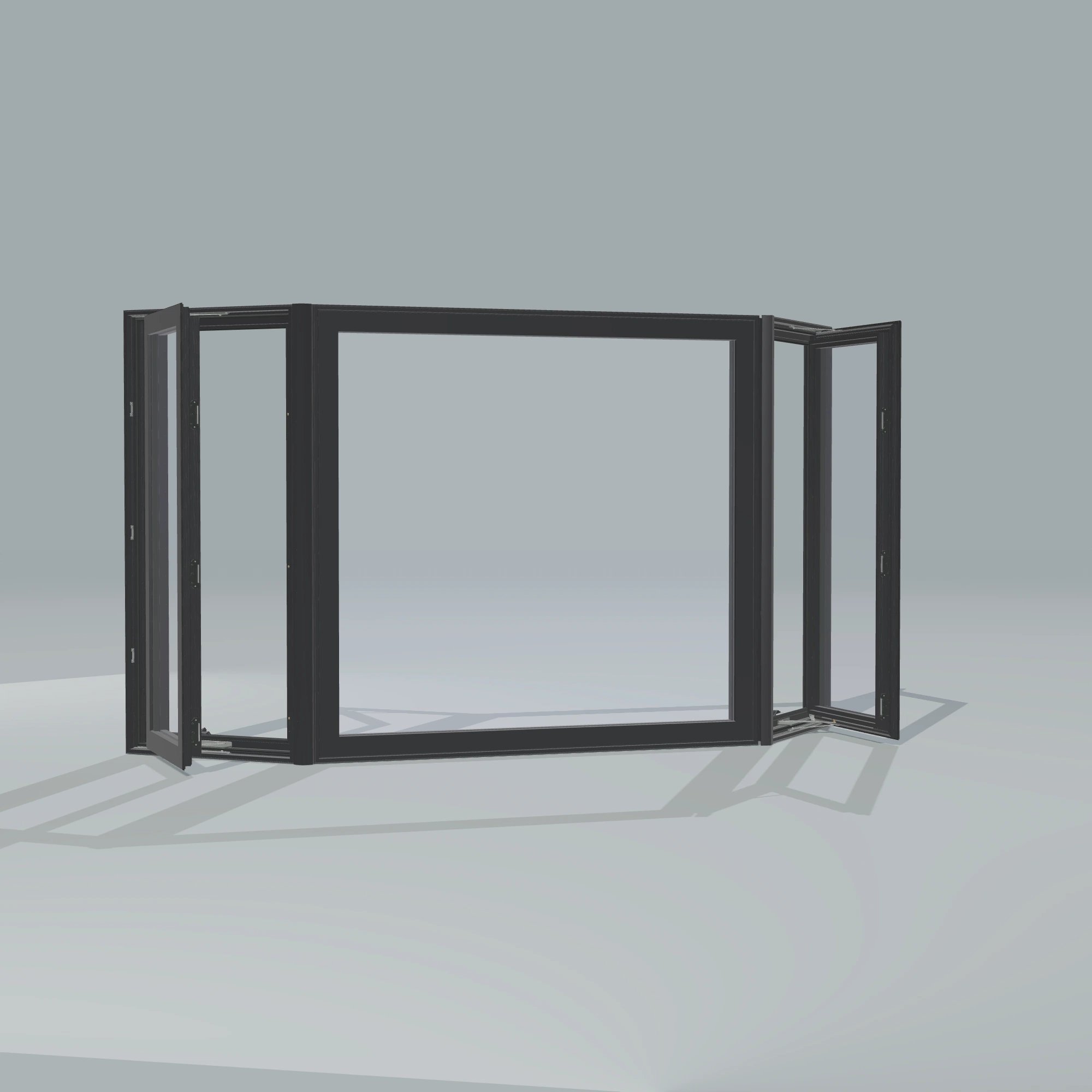 Angled exterior configurator view of the 96 × 54 inch bay window, black exterior / black interior, without nailing flange, casement sashes open 45 degrees