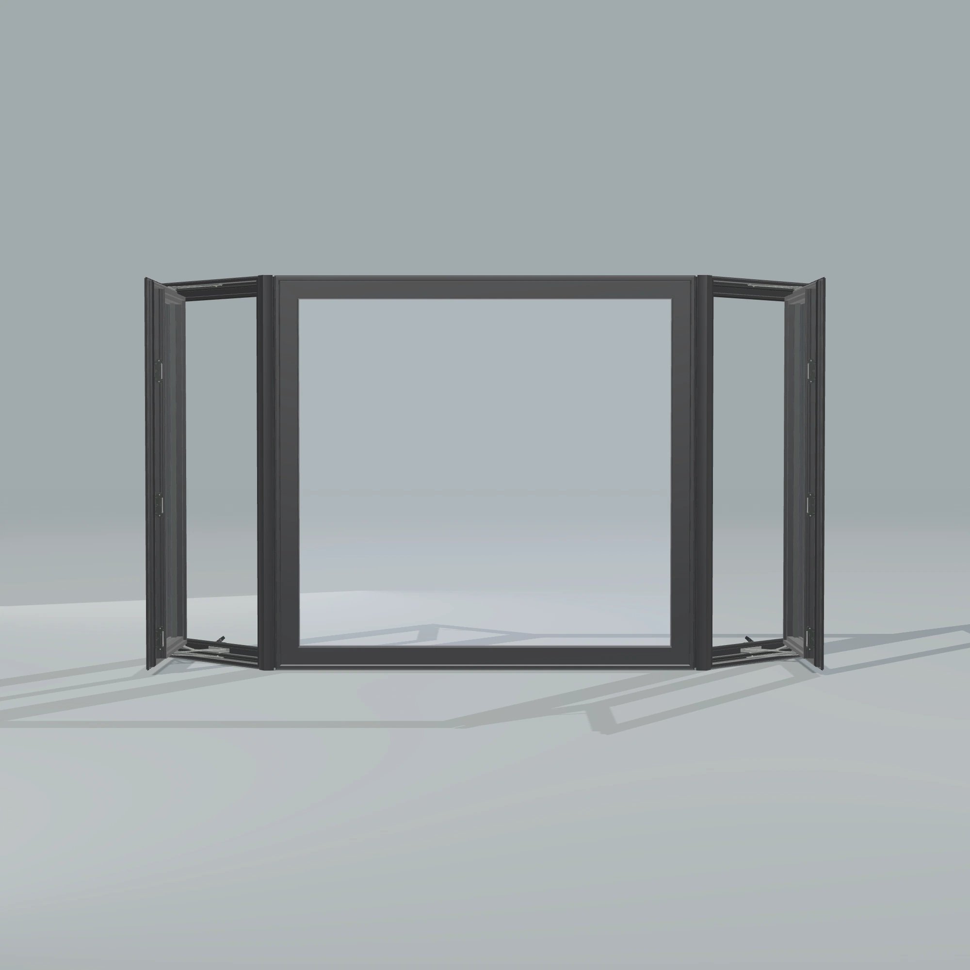 Straight exterior view of the 96 × 54 inch bay window, black exterior / black interior, without nailing flange, casement sashes open 45 degrees