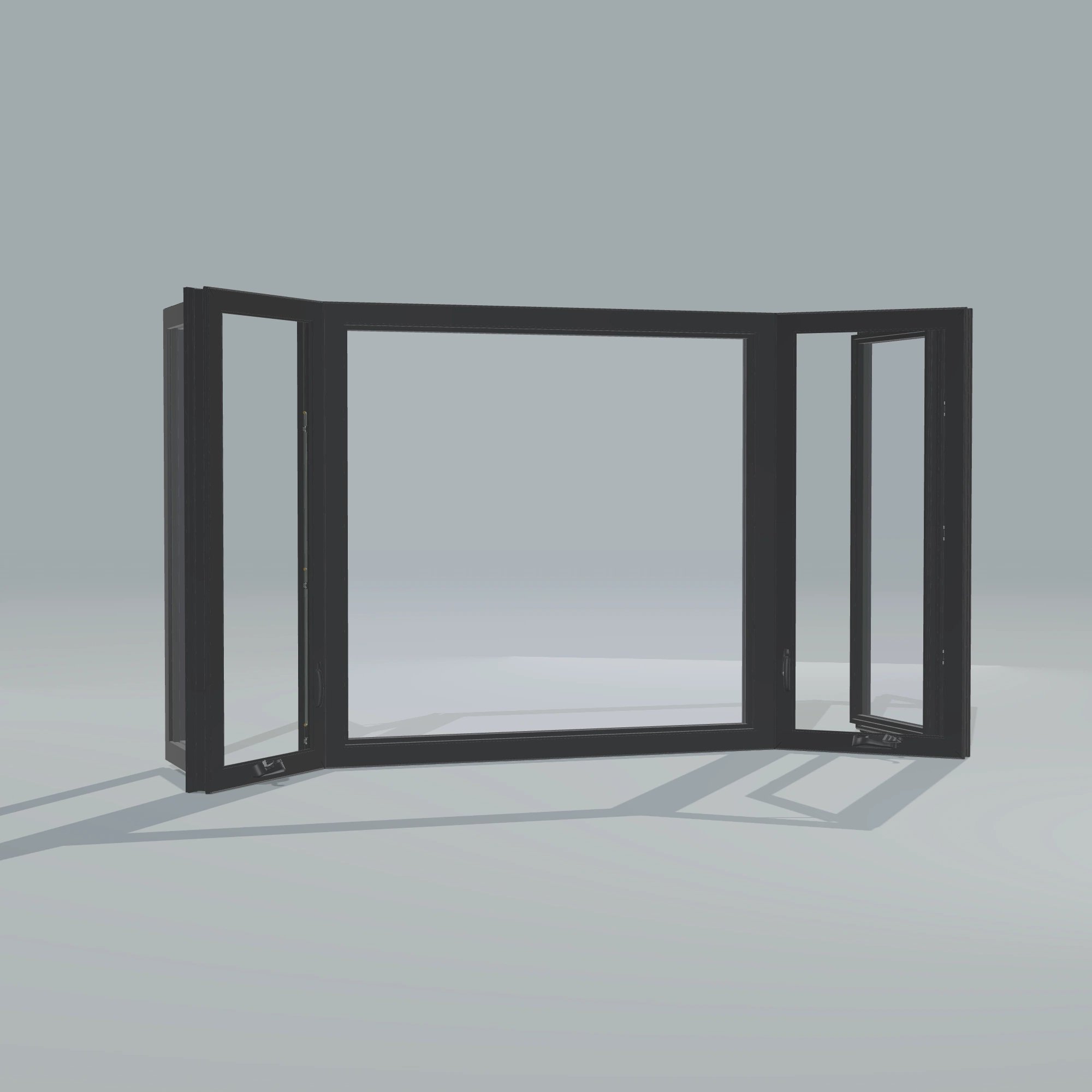 Angled interior view of the 96 × 54 inch bay window, black exterior / black interior, without nailing flange, casement sashes open 45 degrees