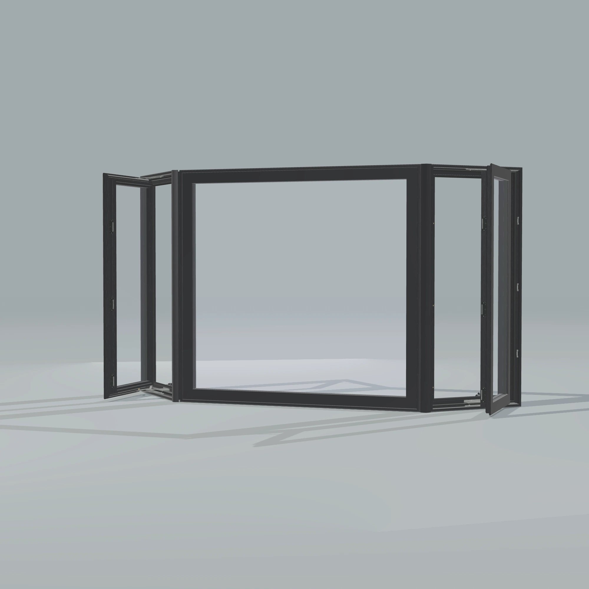 Opposite exterior angle of the 96 × 54 inch bay window, black exterior / black interior, without nailing flange, casement sashes open 45 degrees