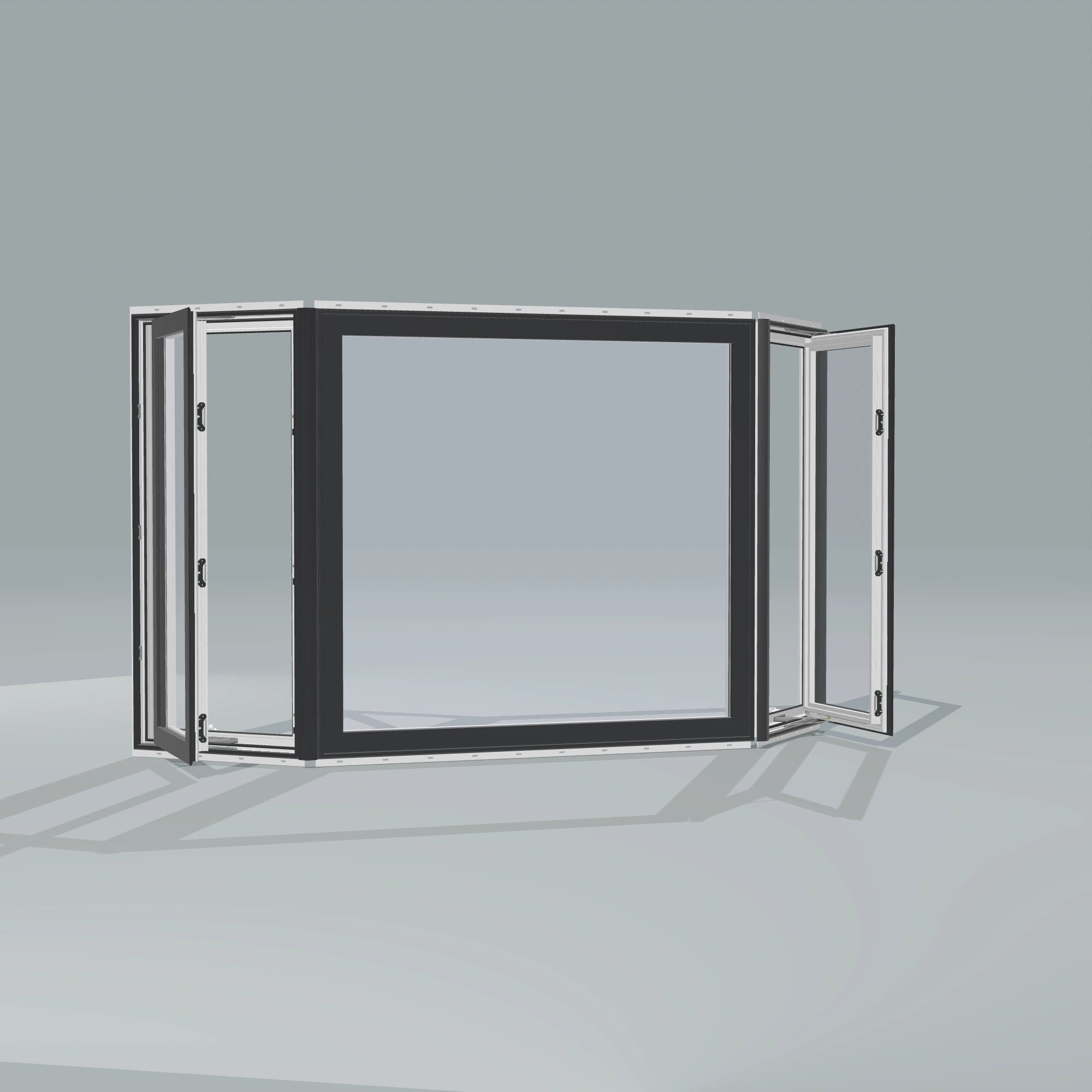 Angled exterior configurator view of the 96 × 54 inch bay window, black exterior / white interior, with nailing flange, casement sashes open 45 degrees