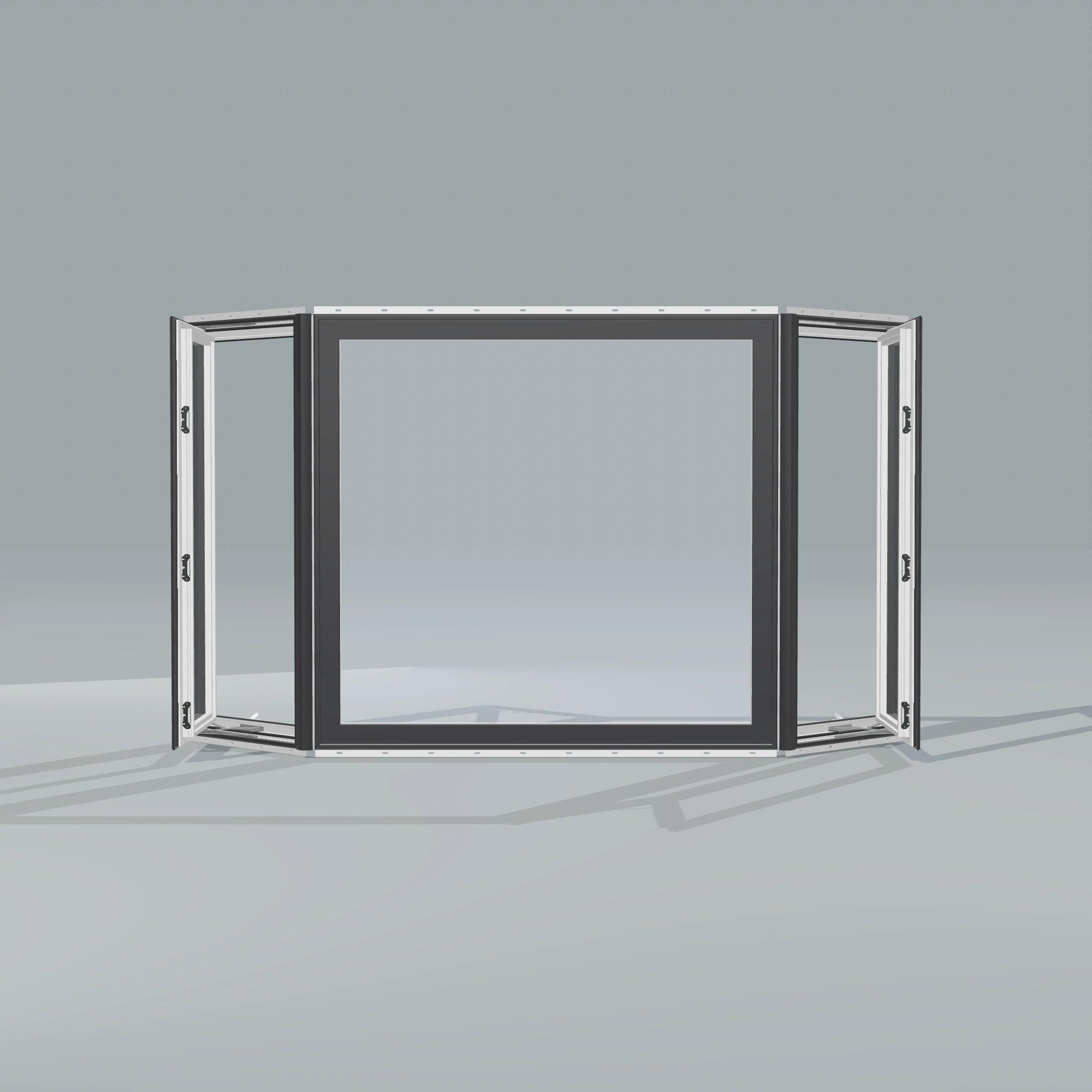 Straight exterior view of the 96 × 54 inch bay window, black exterior / white interior, with nailing flange, casement sashes open 45 degrees