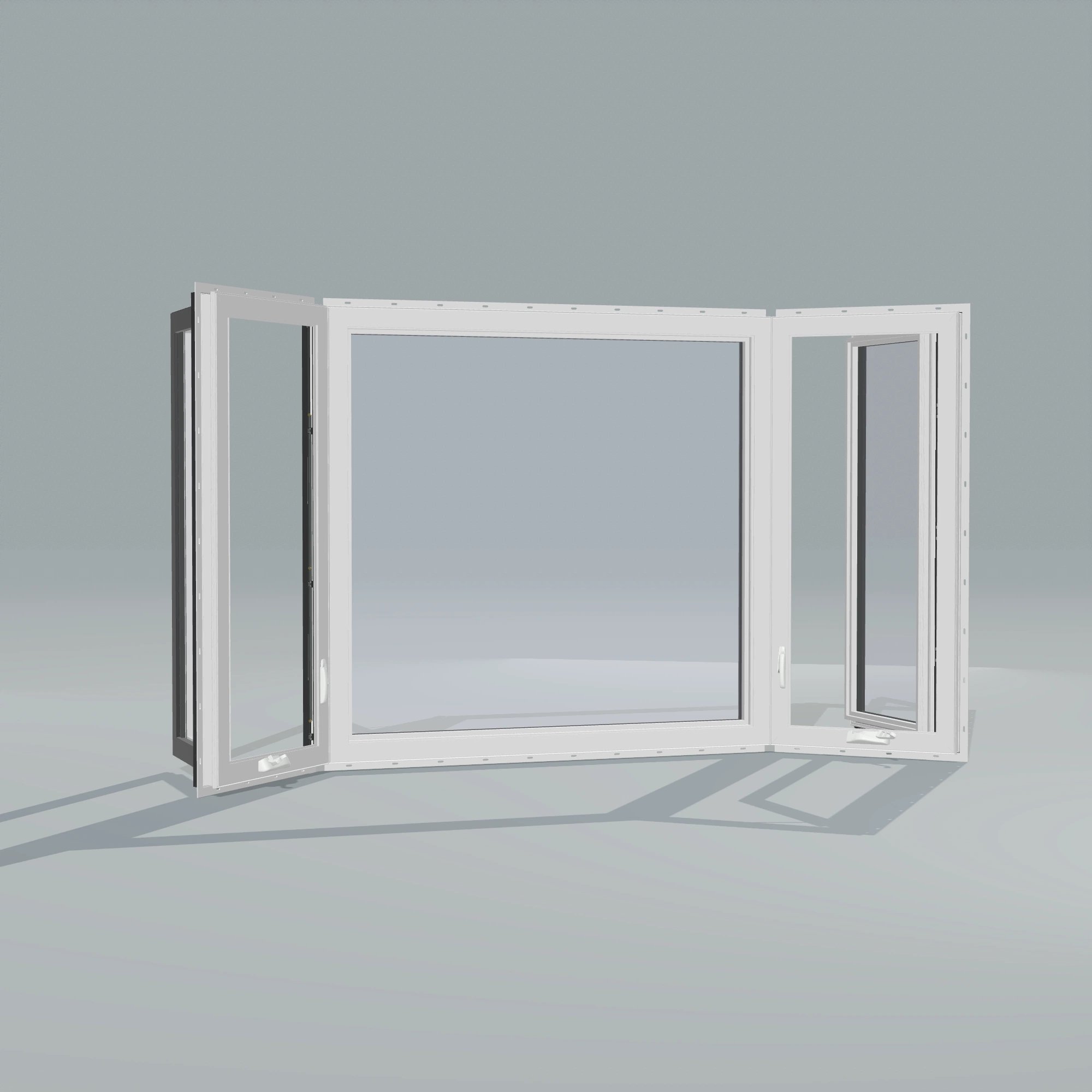 Angled interior view of the 96 × 54 inch bay window, black exterior / white interior, with nailing flange, casement sashes open 45 degrees
