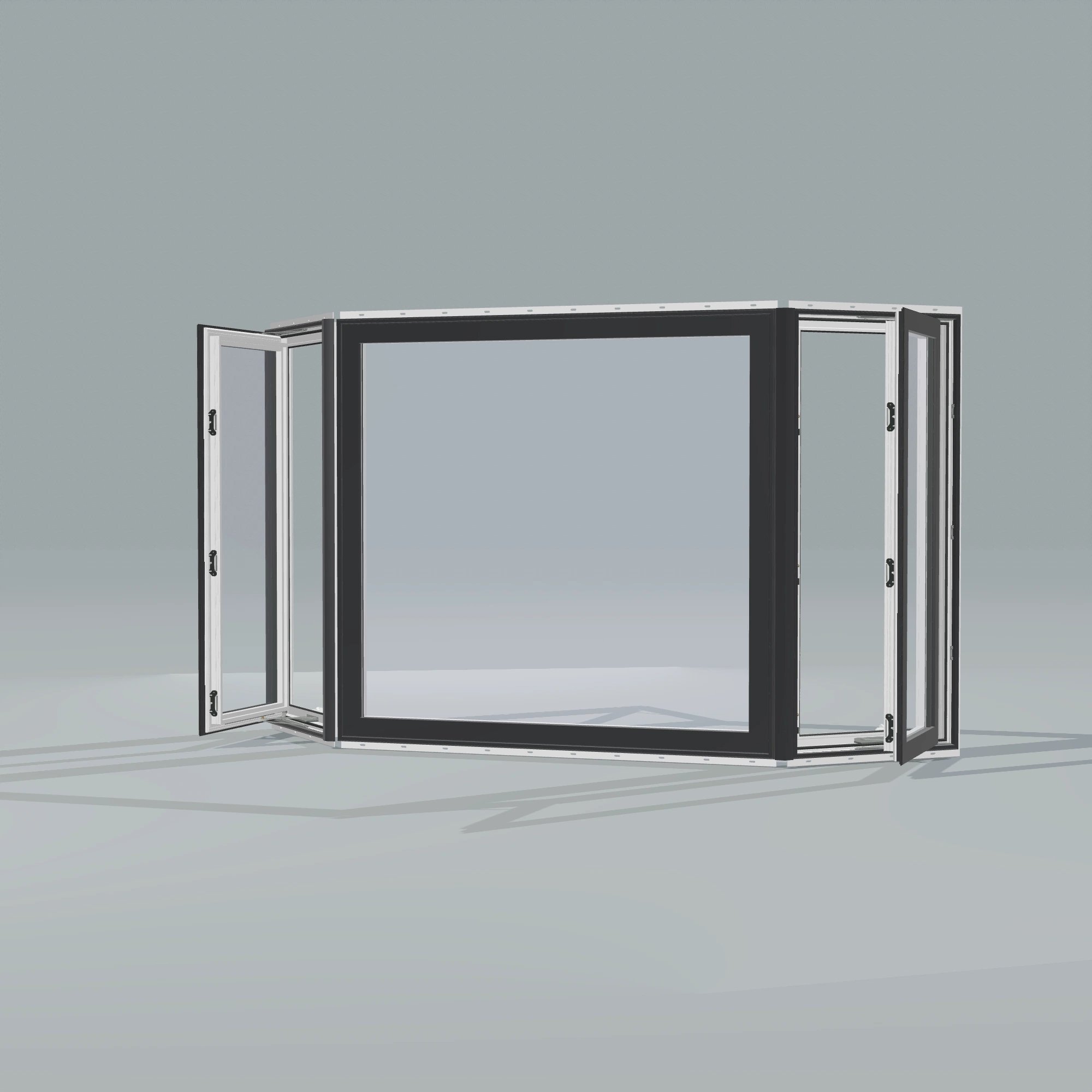 Opposite exterior angle of the 96 × 54 inch bay window, black exterior / white interior, with nailing flange, casement sashes open 45 degrees