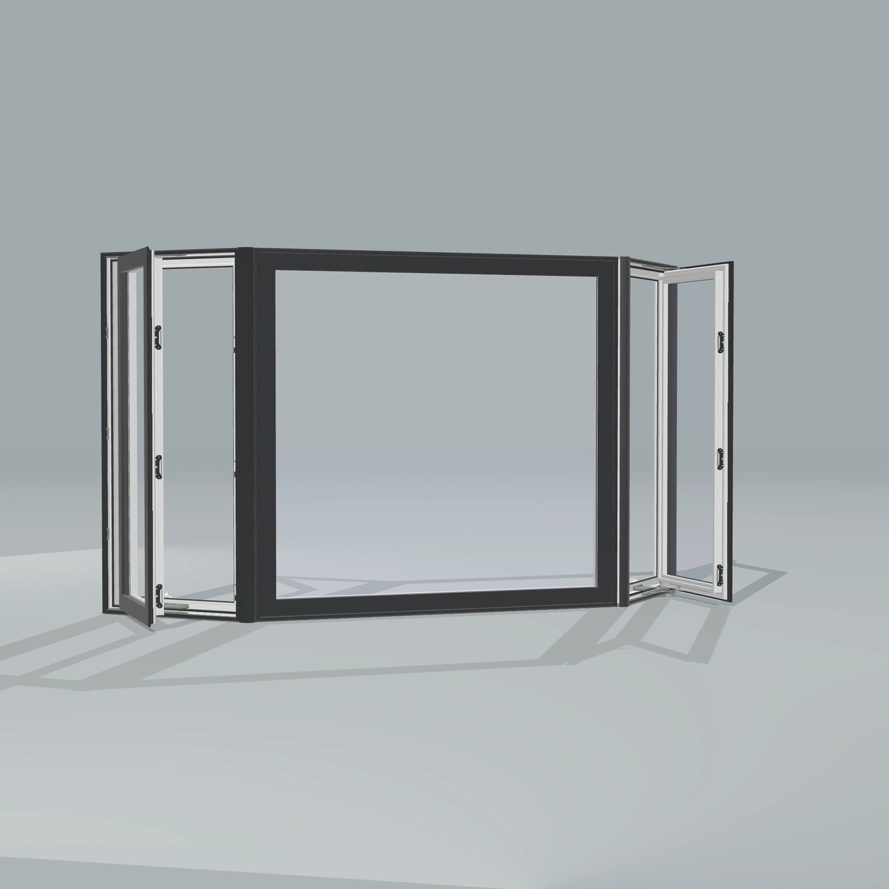 Angled exterior view of a black bay window, operating casement sashes open 45 degrees, rendered from the Panes 3D configurator