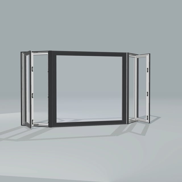 Angled exterior view of a black bay window, operating casement sashes open 45 degrees, rendered from the Panes 3D configurator
