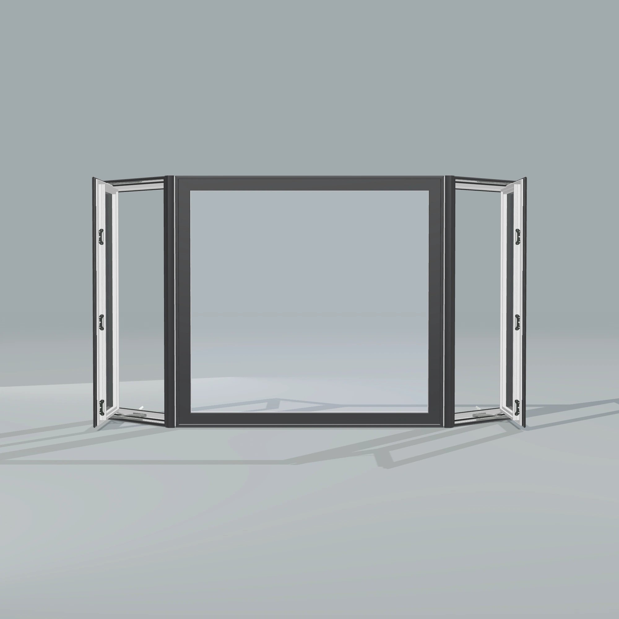 Straight exterior view of the 96 × 54 inch bay window, black exterior / white interior, without nailing flange, casement sashes open 45 degrees