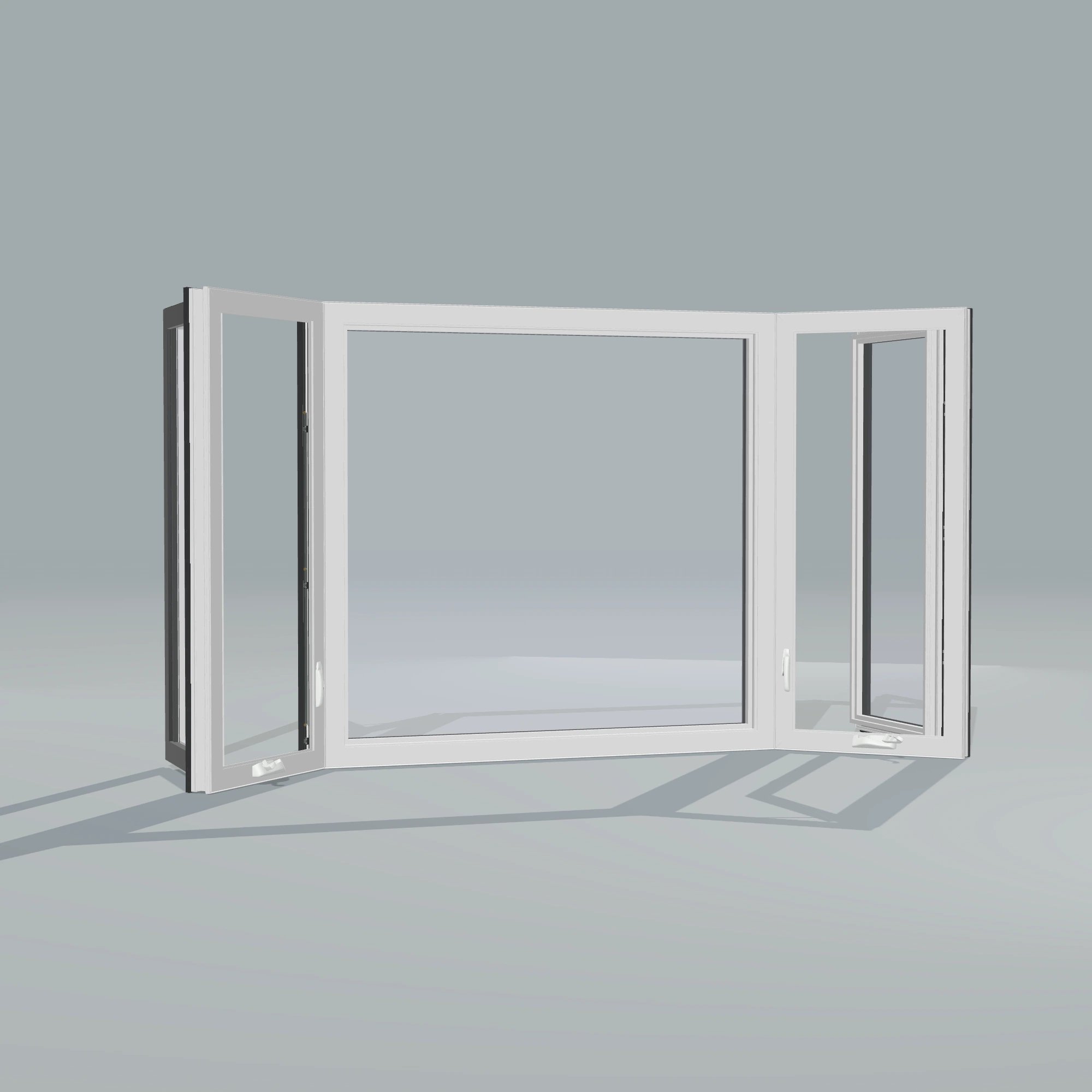 Angled interior view of the 96 × 54 inch bay window, black exterior / white interior, without nailing flange, casement sashes open 45 degrees