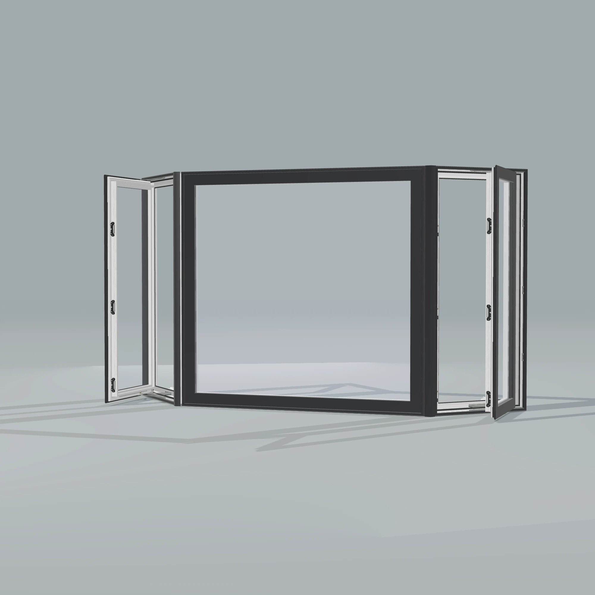 Opposite exterior angle of the 96 × 54 inch bay window, black exterior / white interior, without nailing flange, casement sashes open 45 degrees