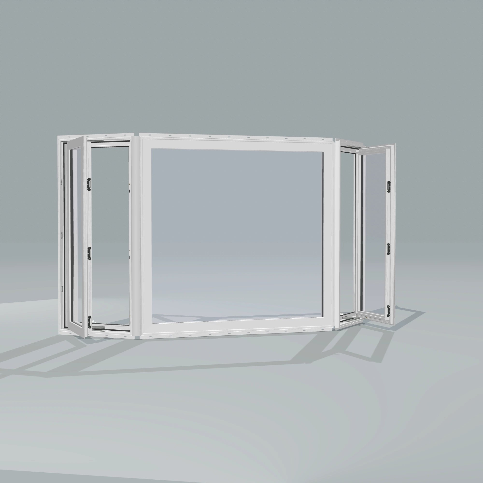 Angled exterior configurator view of the 96 × 54 inch bay window, white exterior / white interior, with nailing flange, casement sashes open 45 degrees