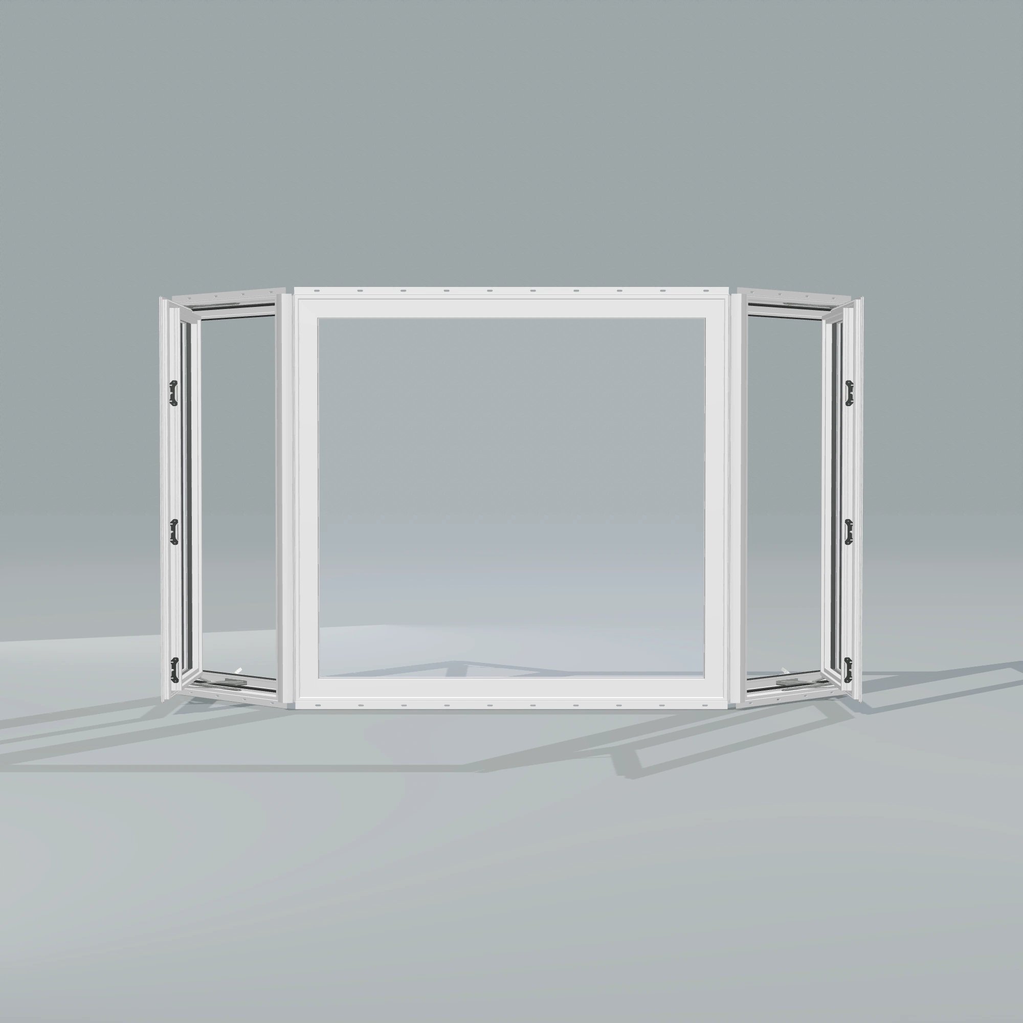 Straight exterior view of the 96 × 54 inch bay window, white exterior / white interior, with nailing flange, casement sashes open 45 degrees
