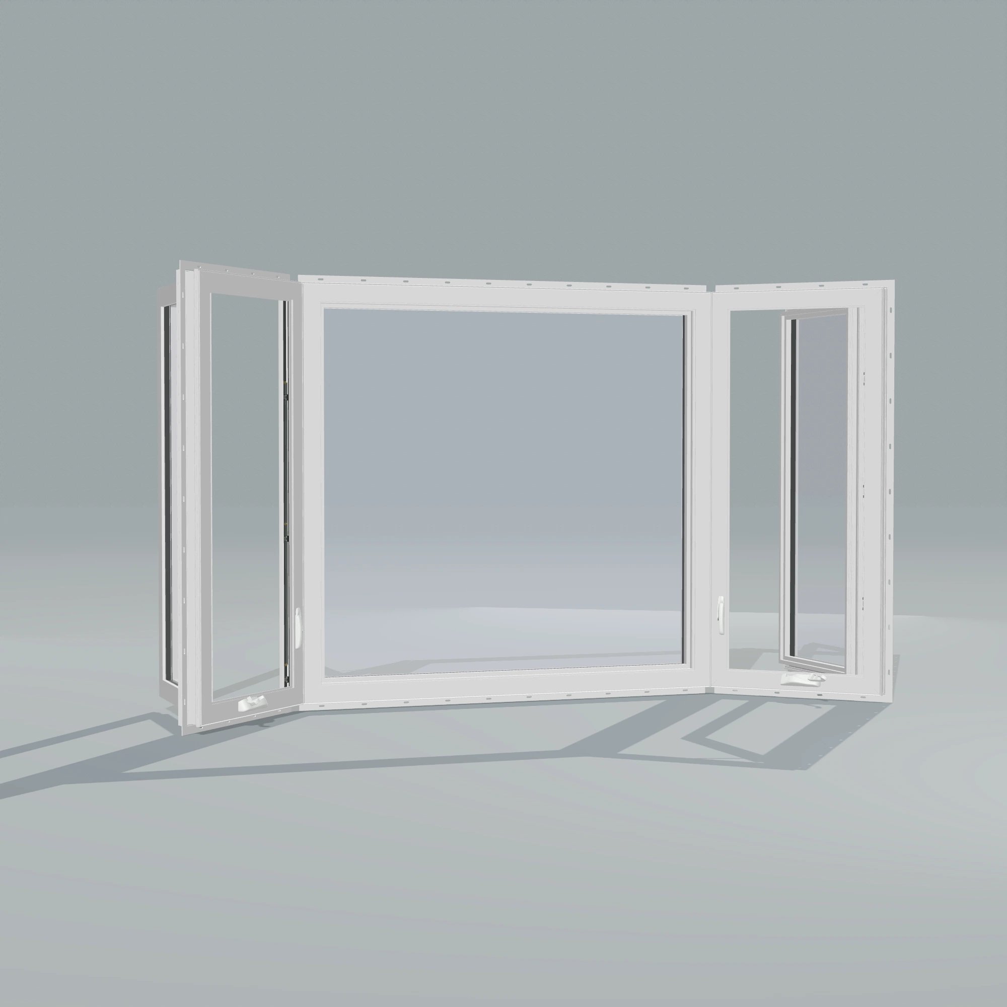 Angled interior view of the 96 × 54 inch bay window, white exterior / white interior, with nailing flange, casement sashes open 45 degrees