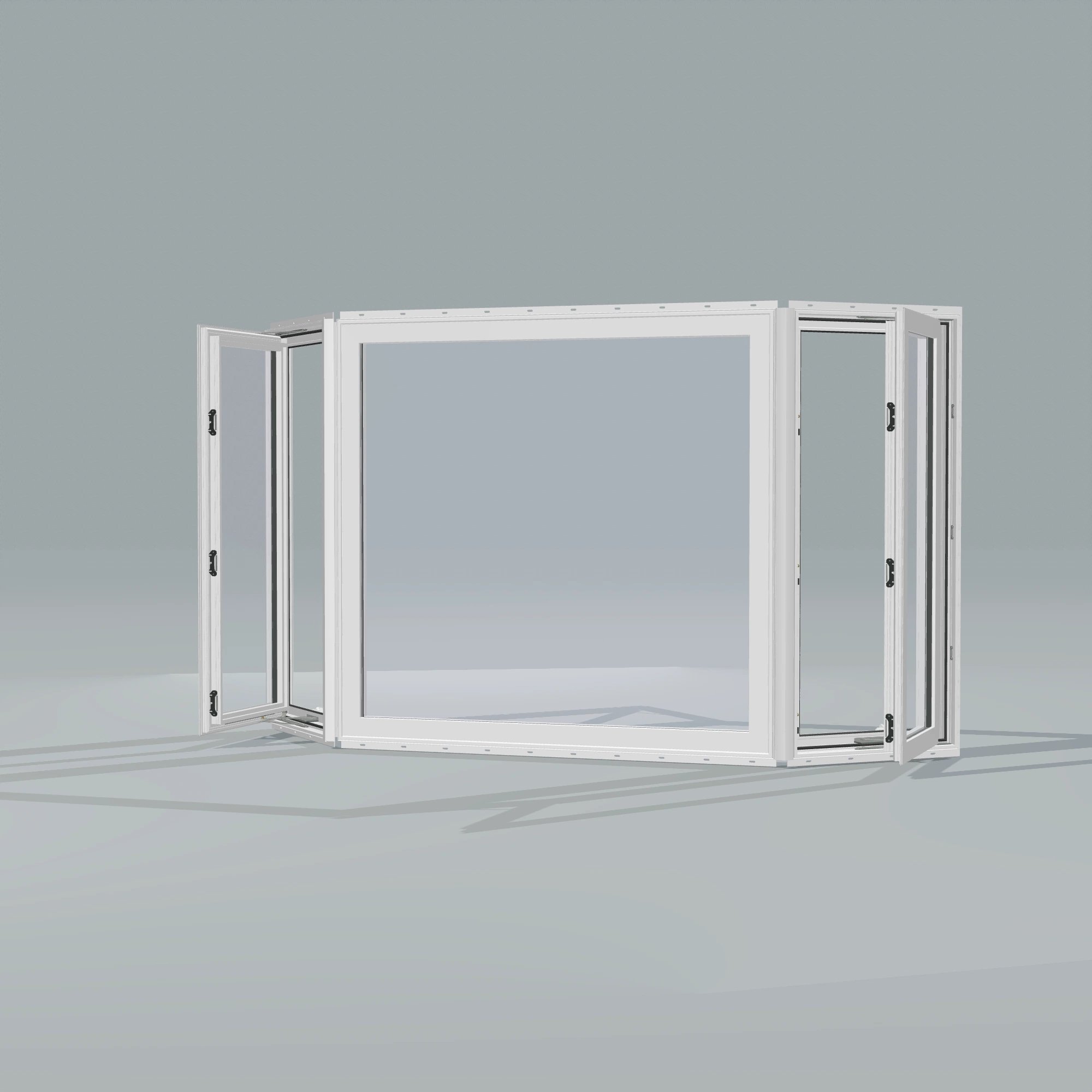 Opposite exterior angle of the 96 × 54 inch bay window, white exterior / white interior, with nailing flange, casement sashes open 45 degrees