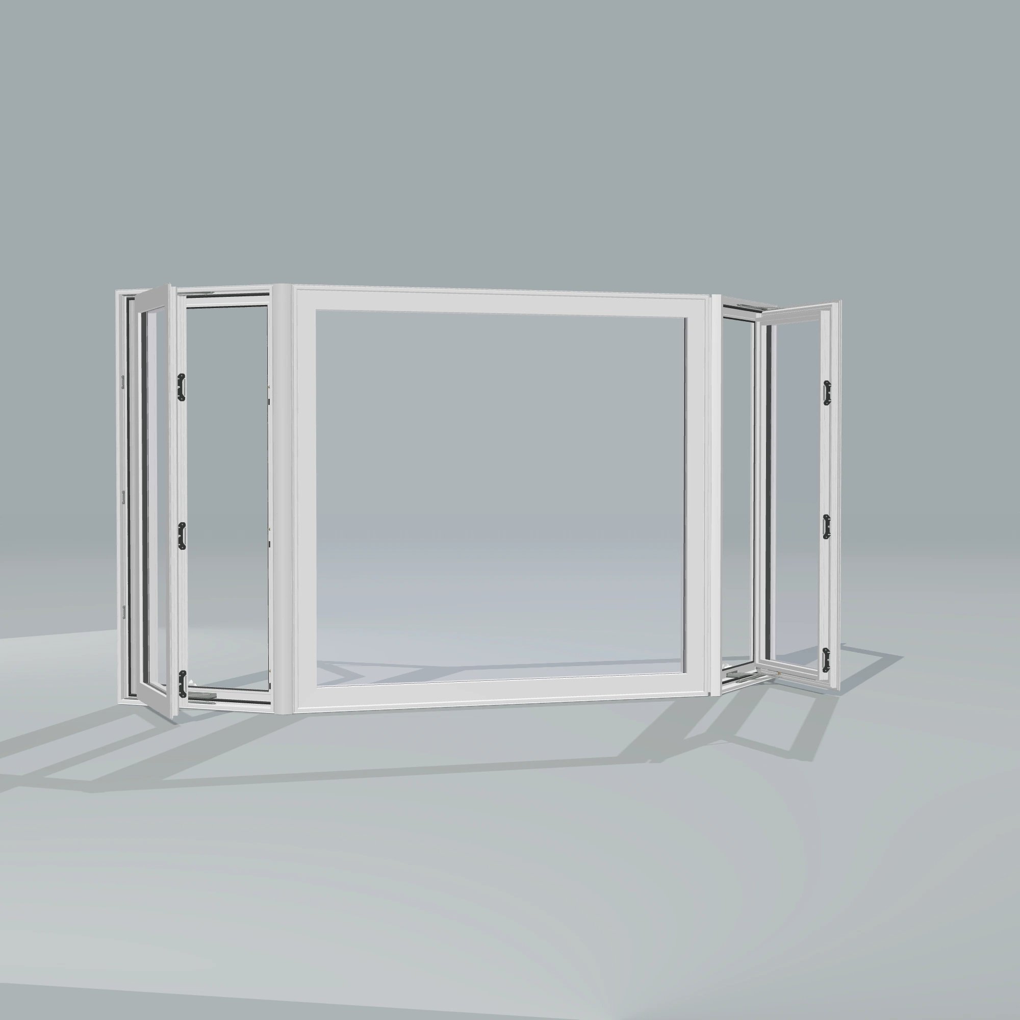 Angled exterior configurator view of the 96 × 54 inch bay window, white exterior / white interior, without nailing flange, casement sashes open 45 degrees