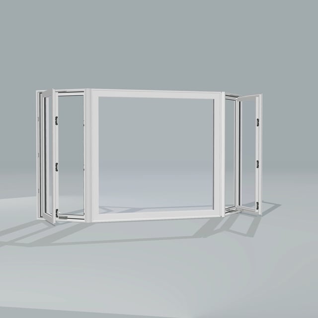 Angled exterior configurator view of the 96 × 54 inch bay window, white exterior / white interior, without nailing flange, casement sashes open 45 degrees